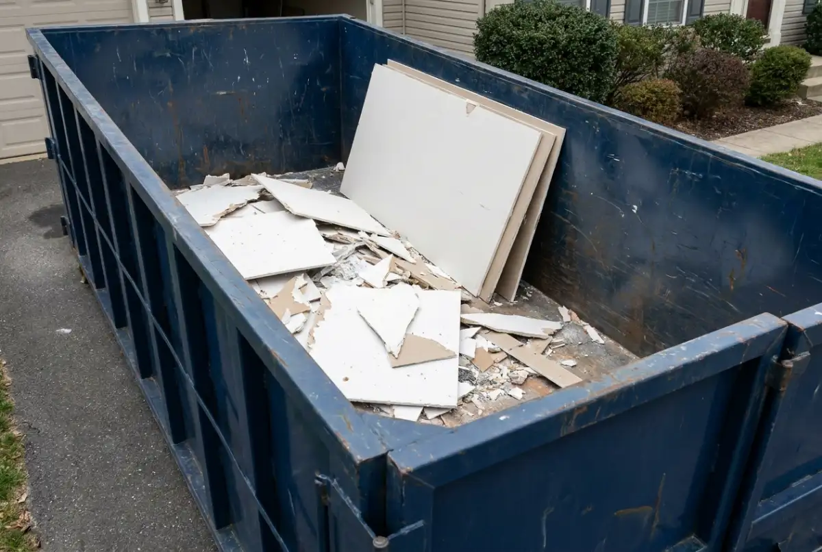 A roll-off dumpster on a driveway holding broken drywall from a remodel, with a few intact sheets leaning inside