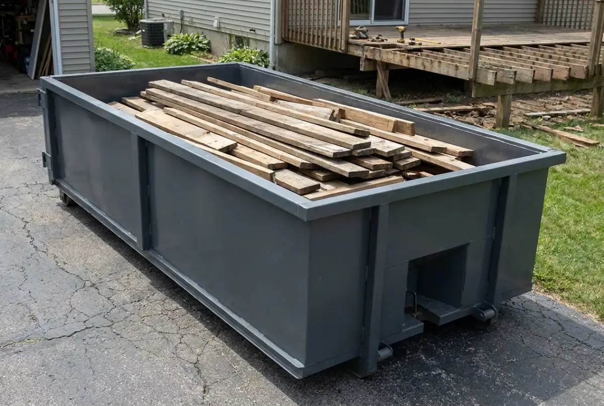 A roll-off dumpster on a driveway with old deck boards laid flat inside, beside a partly removed backyard deck