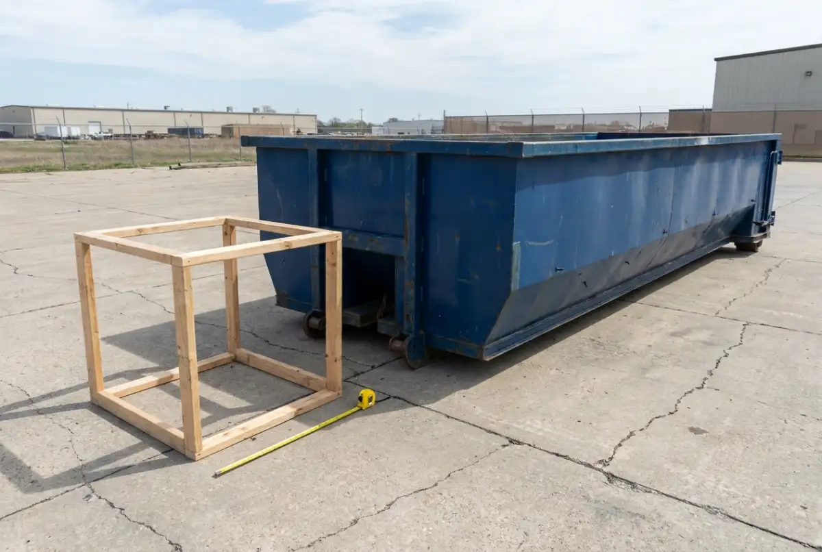 A 3 by 3 by 3 foot wooden frame, one cubic yard, standing next to an empty 20 yard roll-off dumpster with a tape measure on the ground