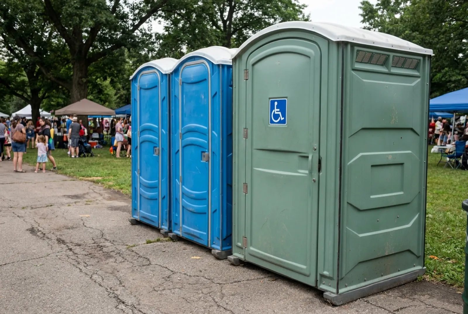 A wheelchair-accessible portable restroom on a firm, level paved path at a park event