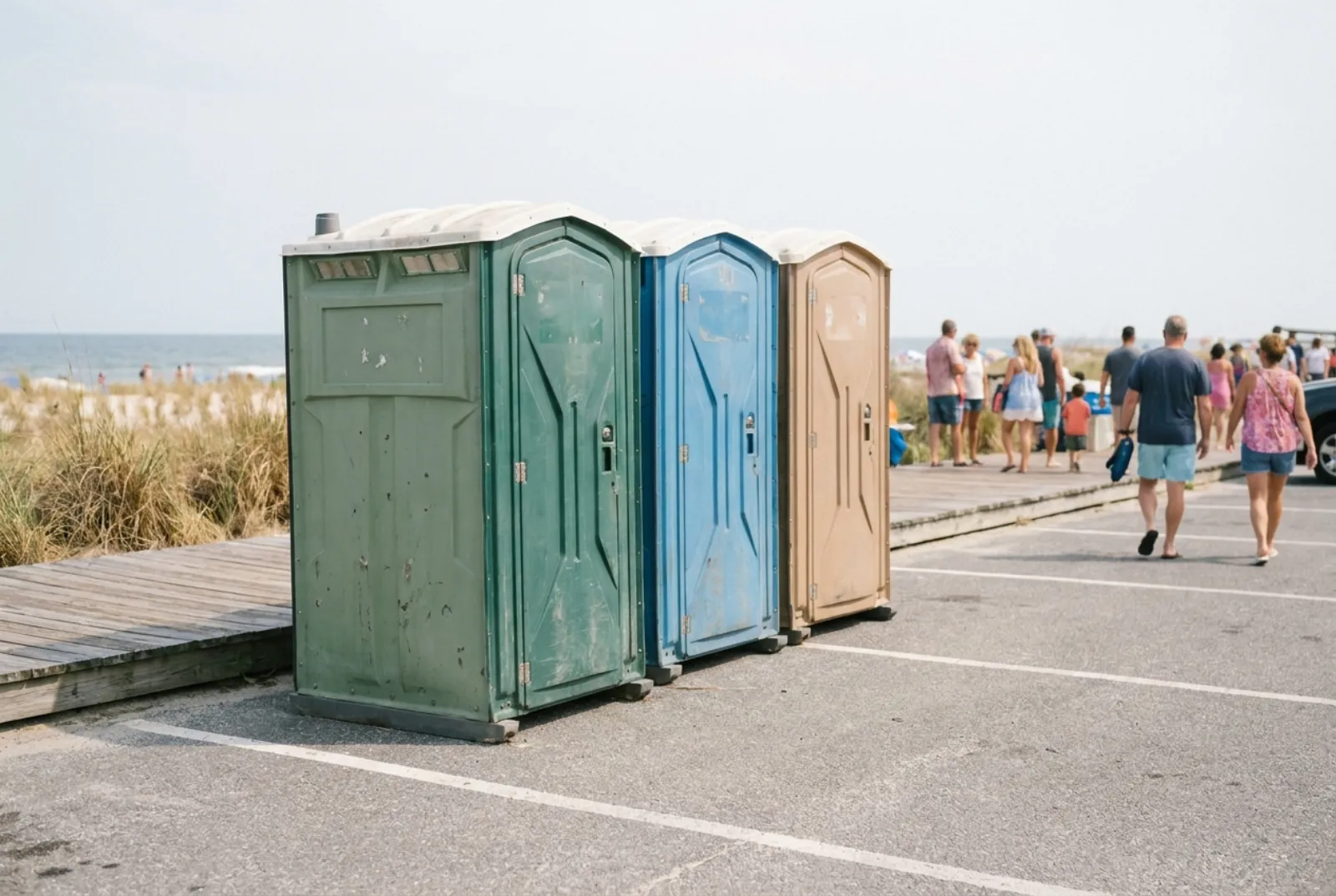 A row of portable toilets on a paved lot just off a beach boardwalk during a summer event