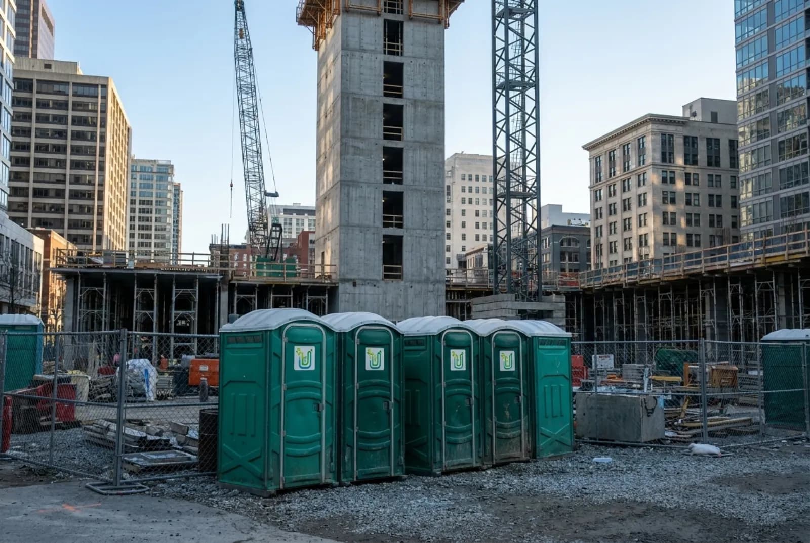 Green portable toilets in the fenced laydown yard of a downtown high-rise construction site