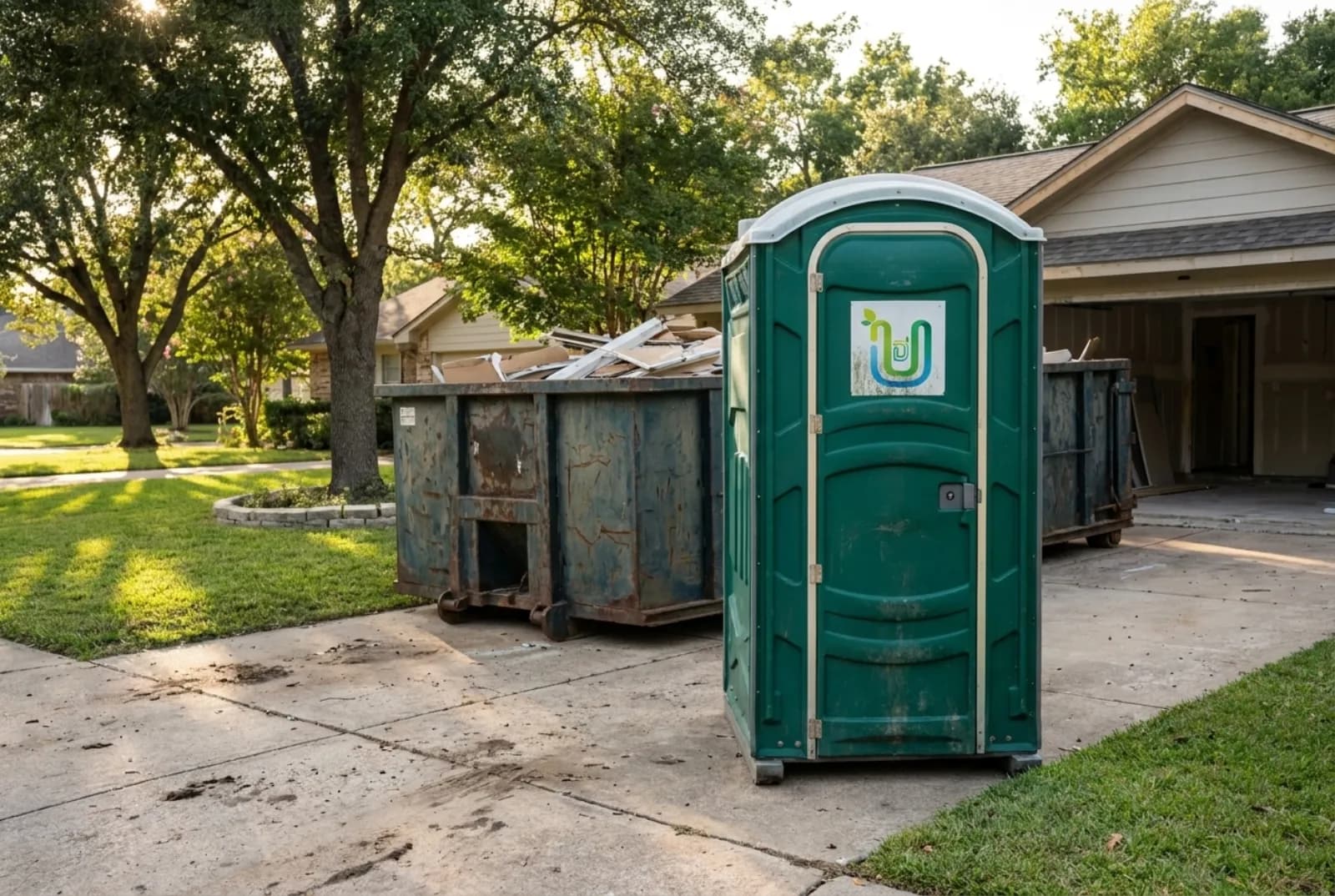 A green portable toilet on a suburban driveway beside a roll-off container during a home renovation