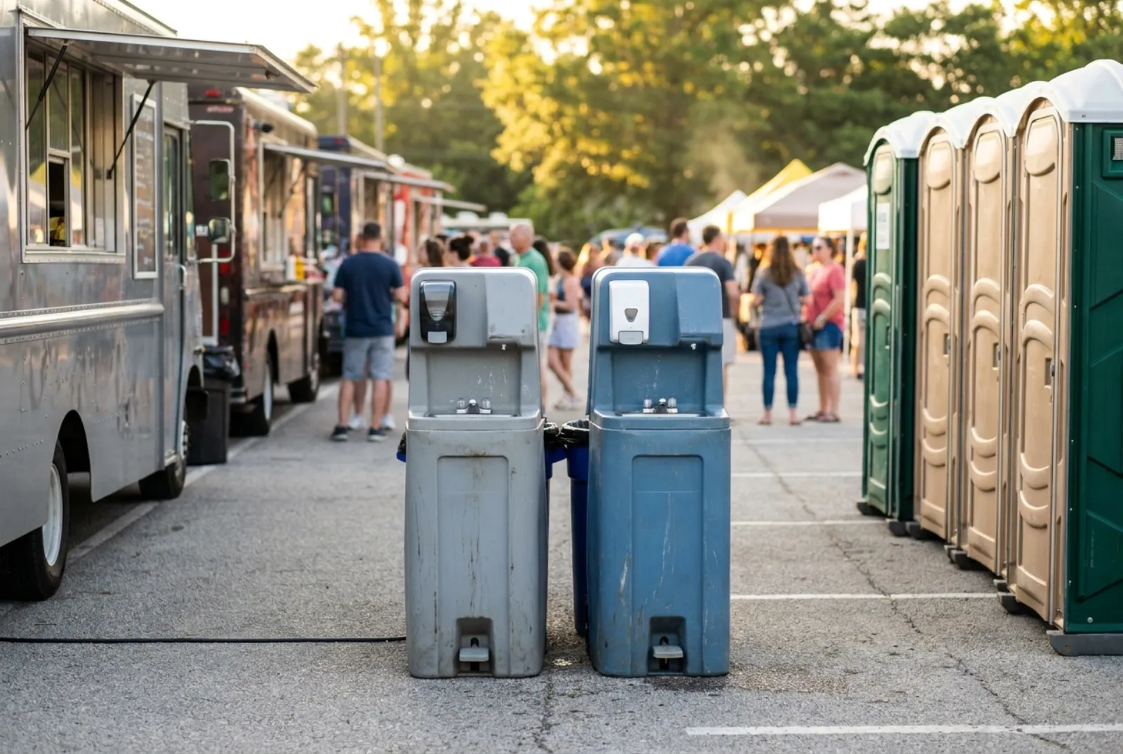 Hand-wash stations between a row of food trucks and a bank of portable toilets at a food festival