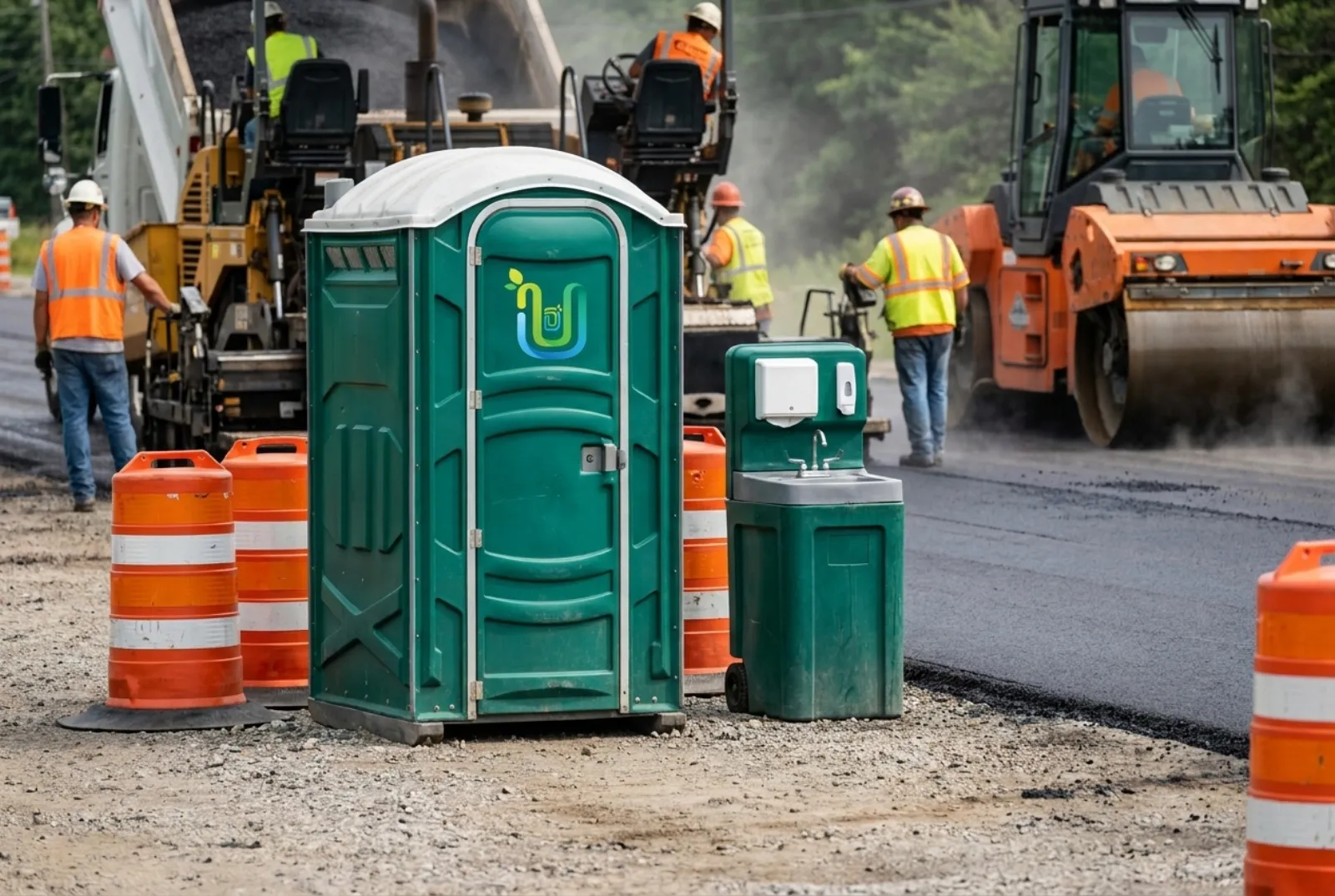 A green portable toilet and hand-wash station on a gravel shoulder behind traffic barrels at a road-paving project