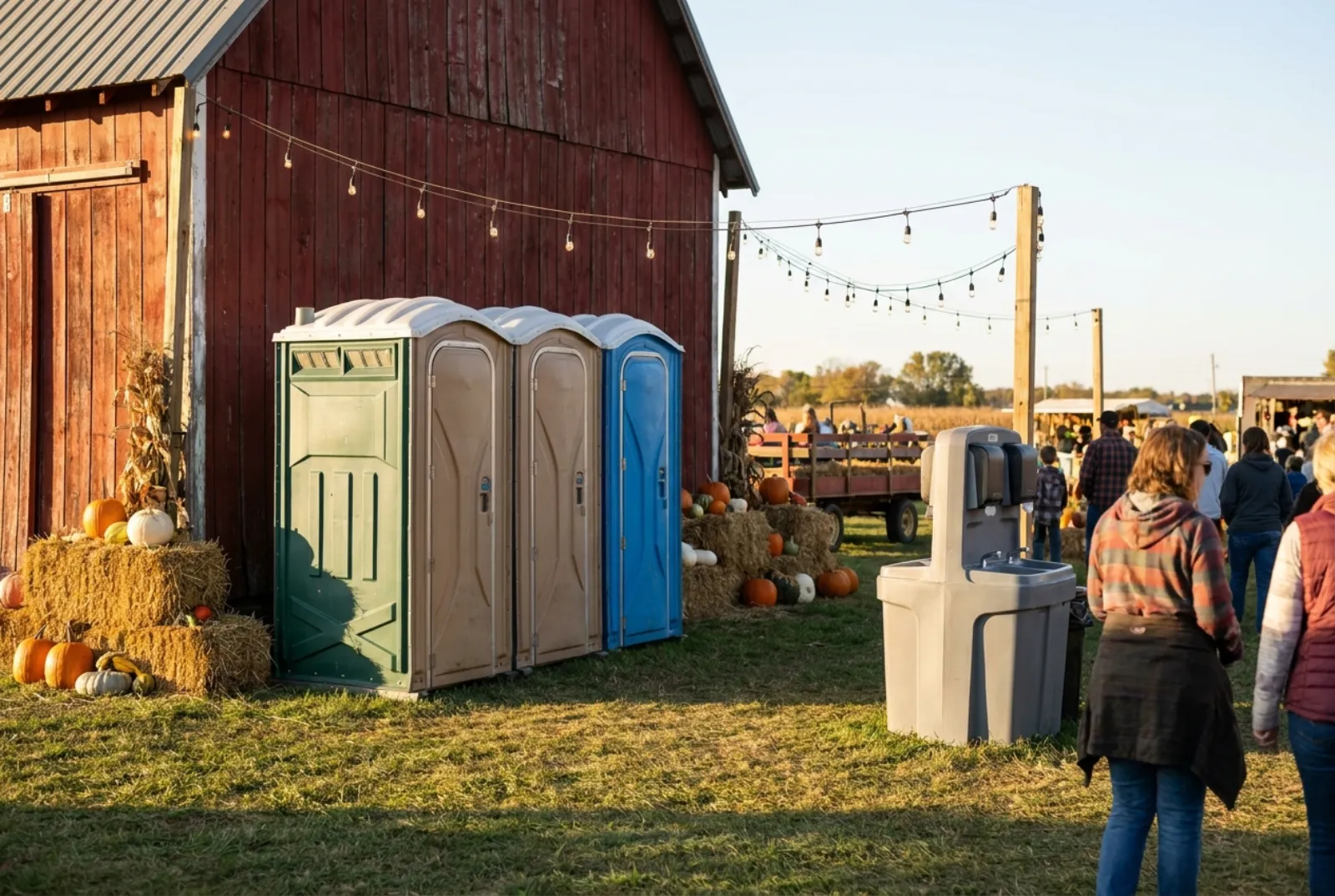 Portable toilets and a hand-wash station on mowed grass beside a red barn at a harvest festival