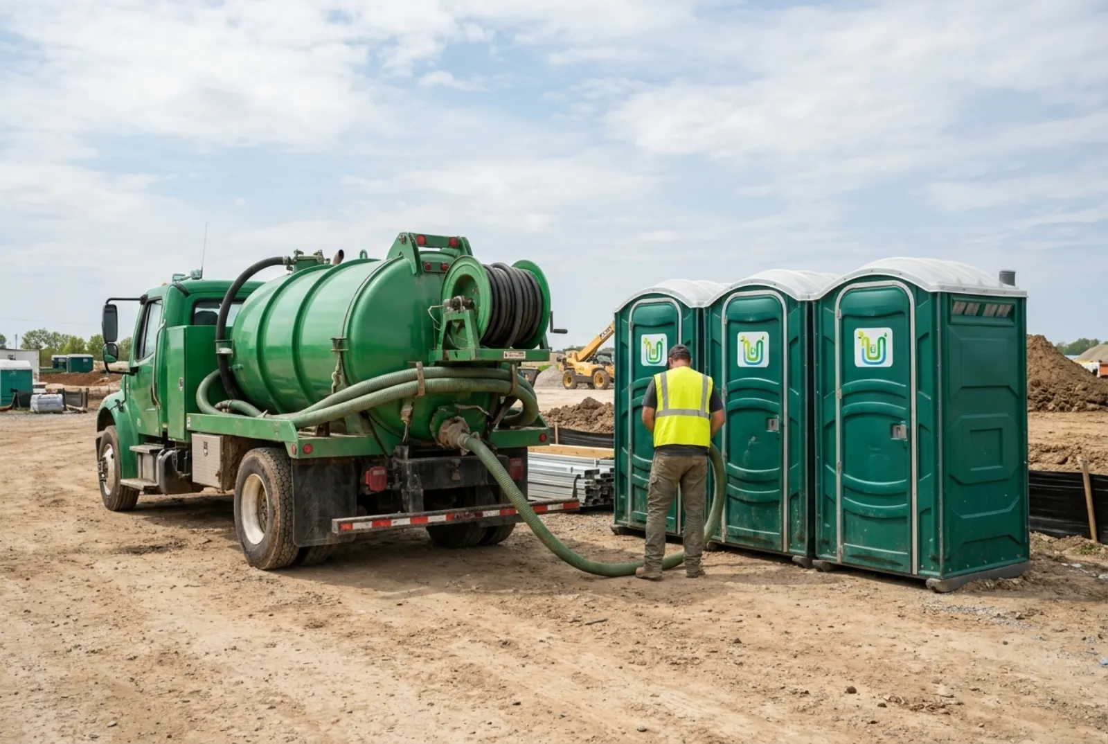 A service truck pumping a row of green portable toilets during a routine visit on a jobsite