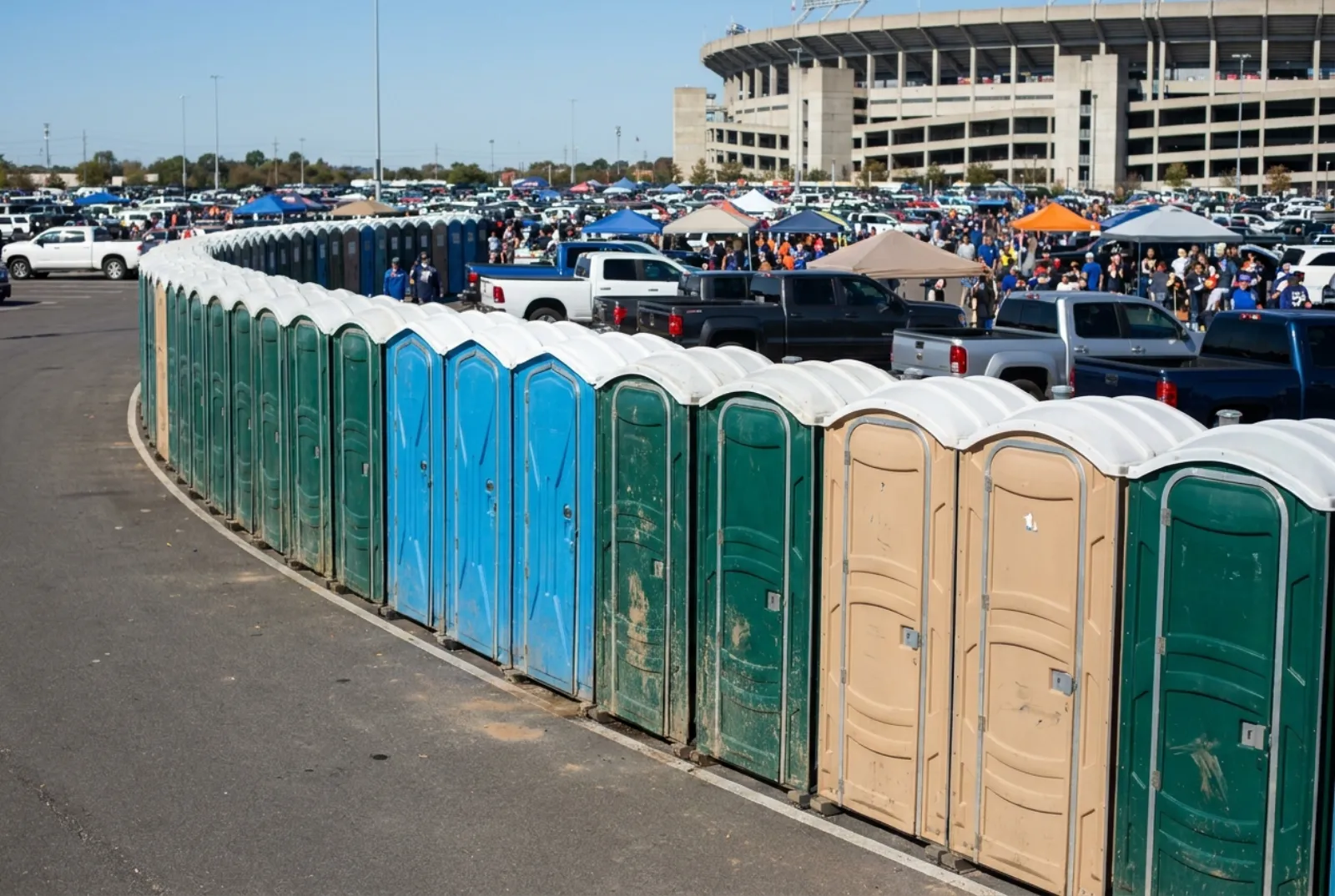A long bank of portable toilets along the edge of a stadium parking lot on game day