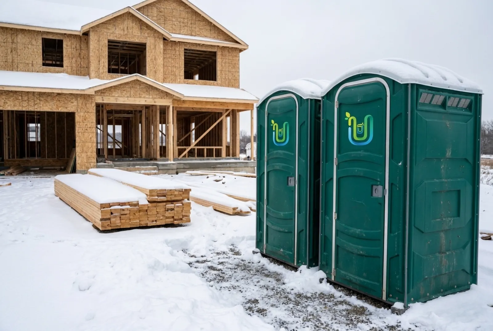 Two green portable toilets on a plowed gravel pad at a residential framing jobsite in winter