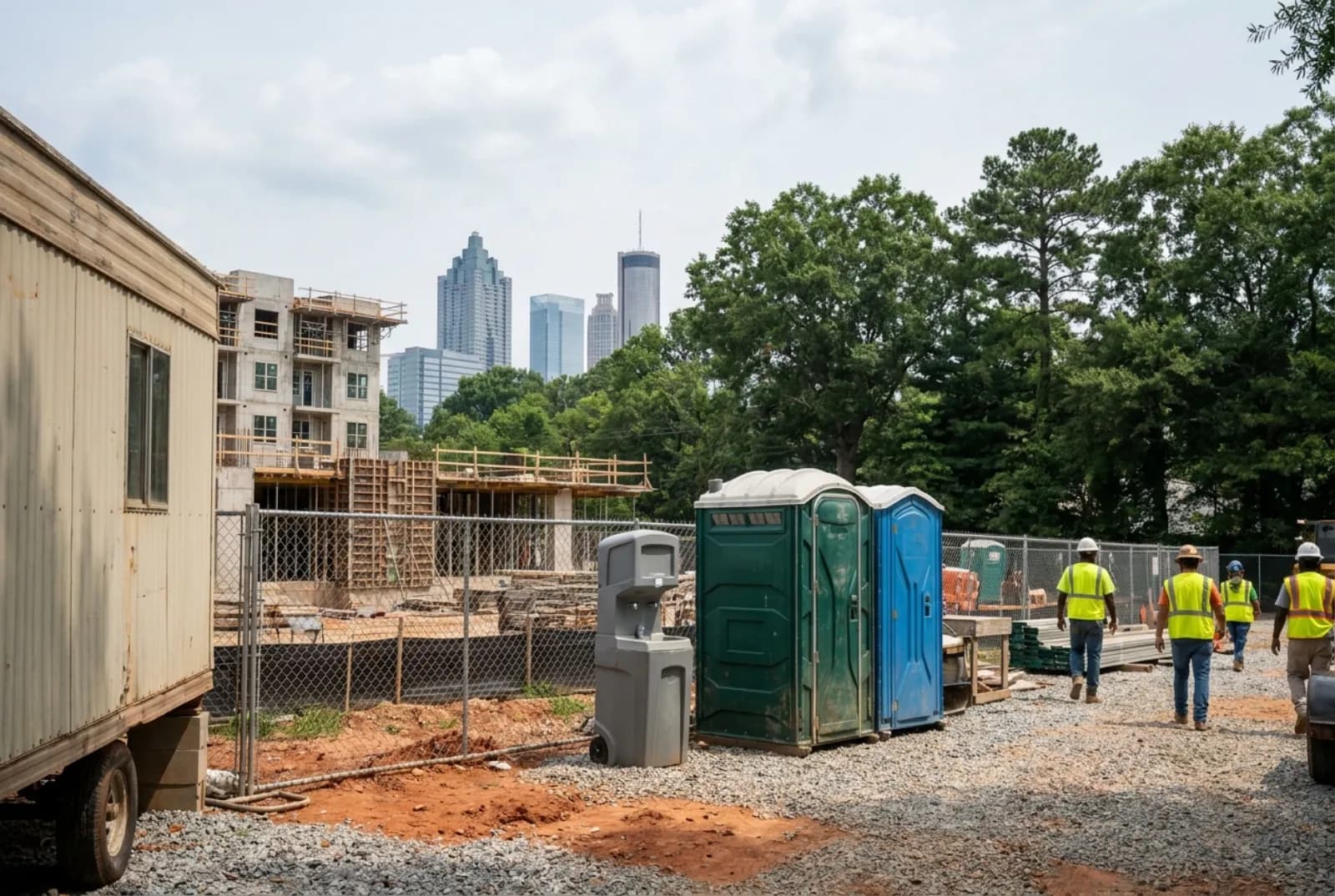 Two portable toilets and a hand-wash station on a gravel pad with red clay around it inside a fenced construction yard near Midtown Atlanta, with oak and pine trees and the city skyline behind on a hazy summer day.