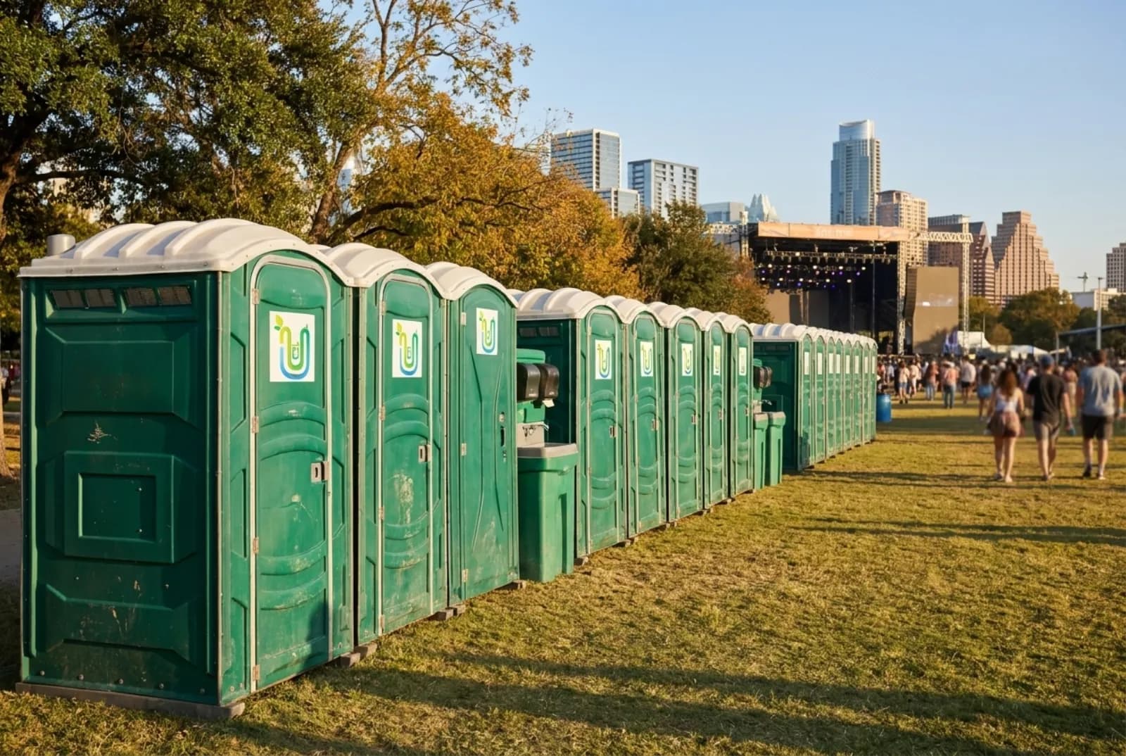 A row of green portable toilets and hand-wash stations along the edge of a festival lawn under oak trees, with a stage and the downtown Austin skyline in the distance