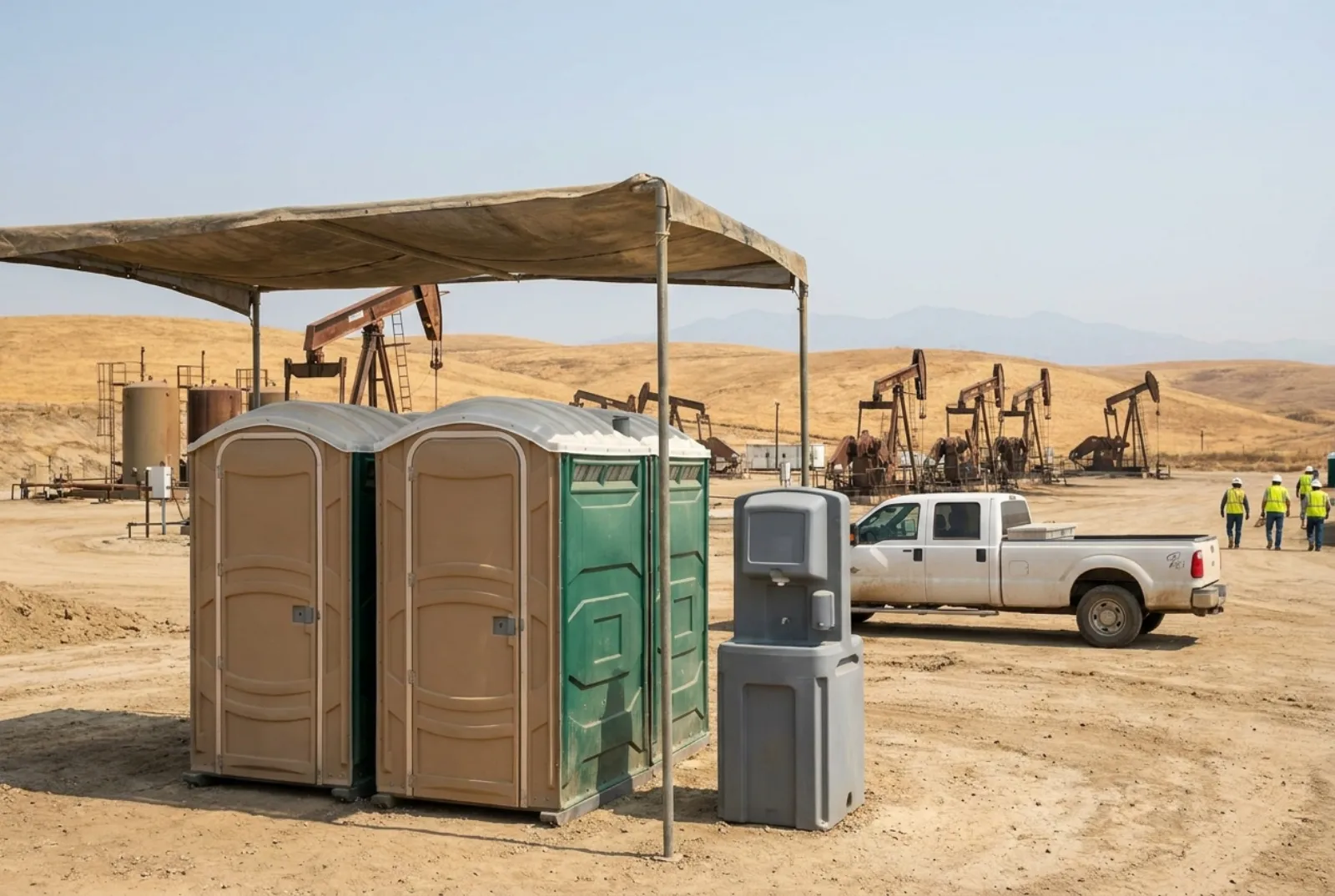 Two portable toilets and a hand-wash station beside a shade canopy on dry dirt at an oilfield, with pumpjacks across brown hills under a hazy sky