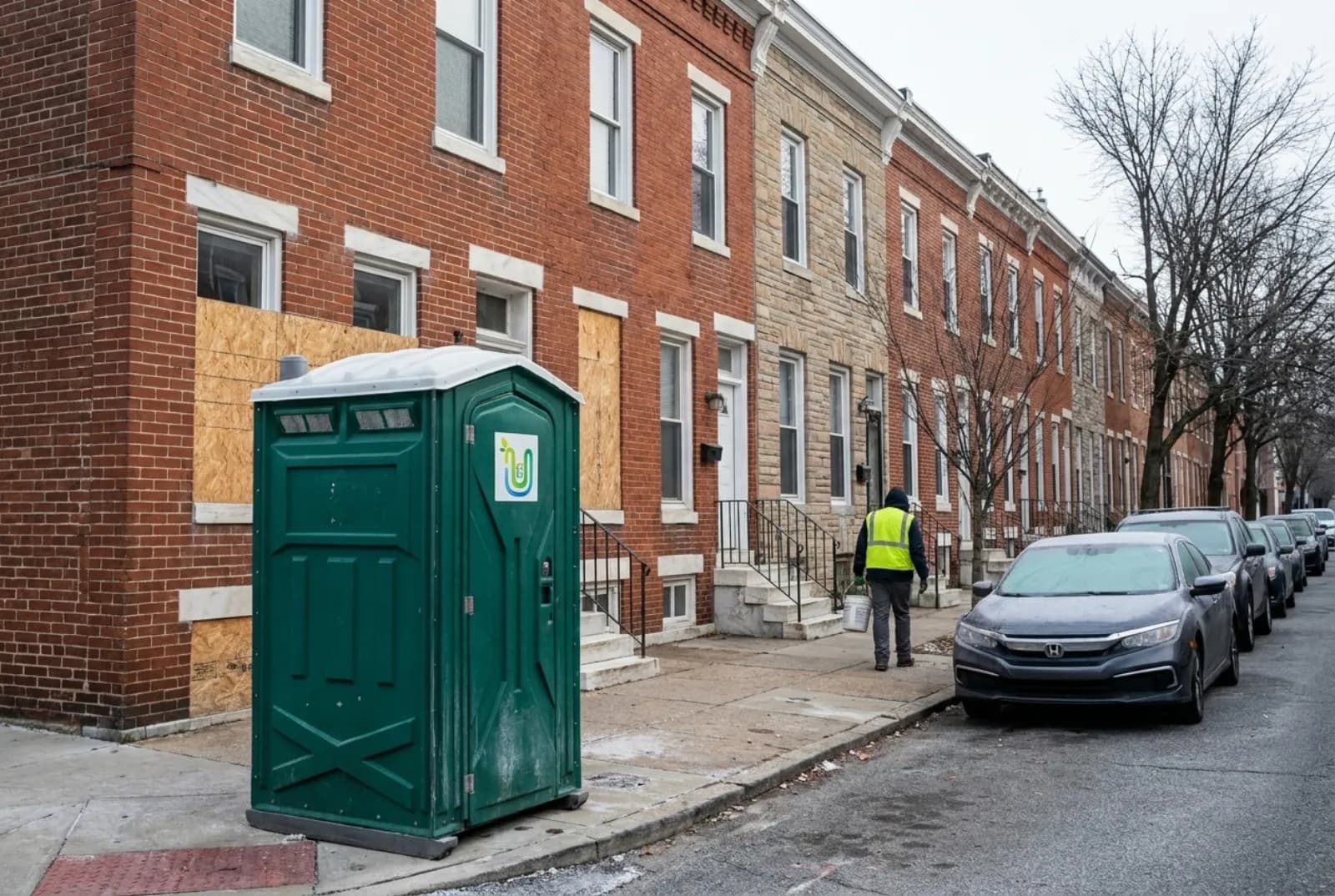 A portable toilet in a curb space in front of a brick rowhome under rehab on a narrow Baltimore street lined with formstone rowhouses and white marble stoops on a cold winter morning