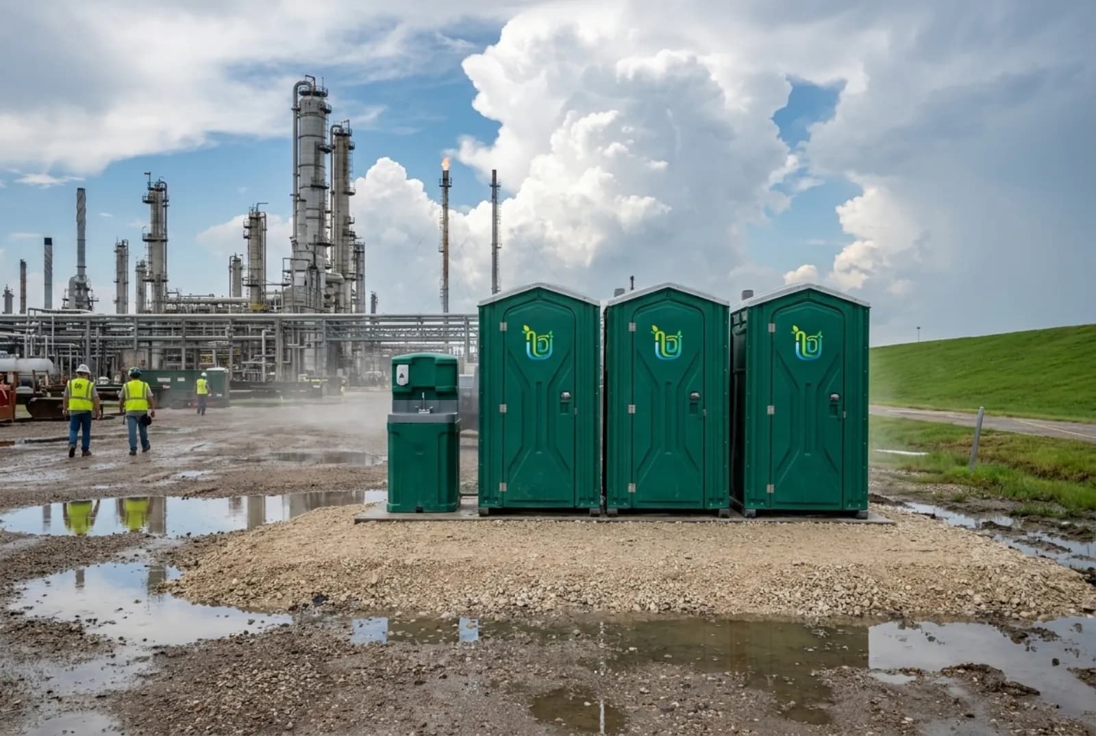Three portable toilets and a hand-wash station on a raised gravel pad in a contractor yard, with puddles in the lower ground and a refinery with towers and pipe racks behind them.
