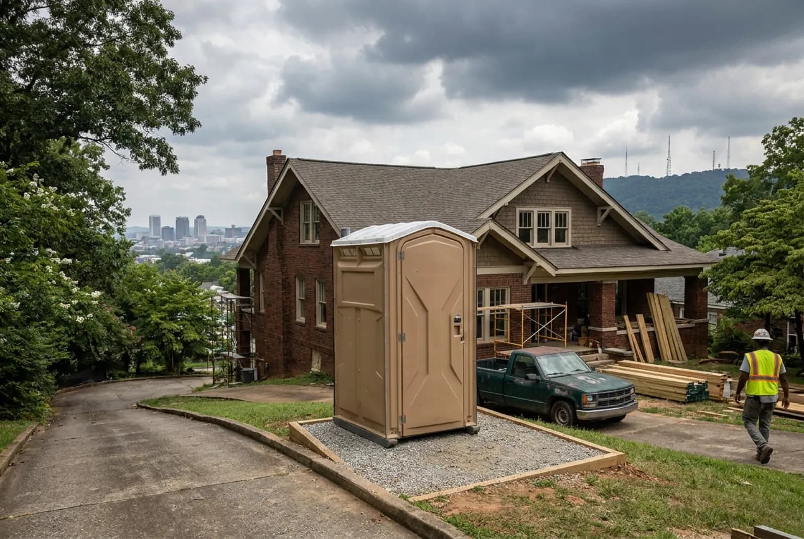 A portable toilet on a level gravel pad at the top of a sloped driveway beside a brick house under renovation, with a downtown skyline and a wooded ridge lined with broadcast towers in the distance.