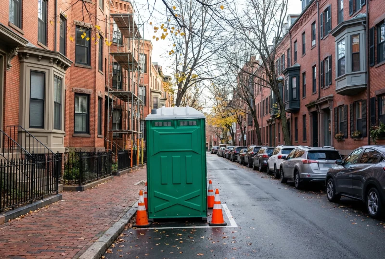A portable toilet in a coned-off curbside parking space on a narrow street of red-brick rowhouses with iron railings, brick sidewalks, and scaffolding on one facade