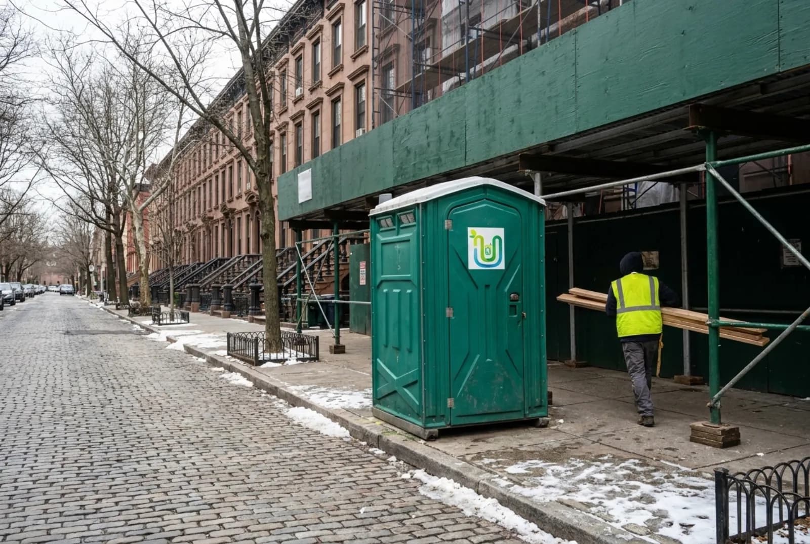 A portable toilet at the curb beside a green sidewalk shed in front of a brownstone under renovation on a tree-lined Brooklyn block in late winter