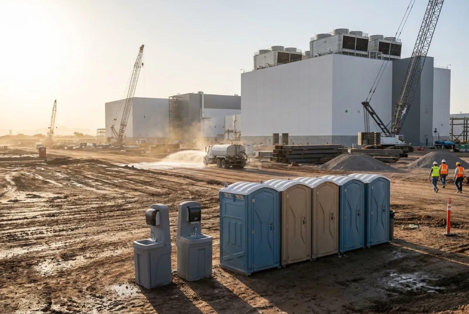 Row of portable toilets and hand-wash stations anchored on a graded pad beside a large semiconductor fab under construction in Chandler, Arizona.