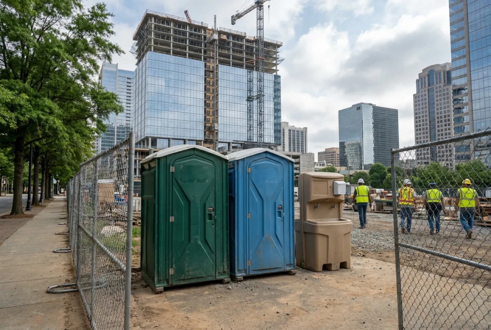 Two portable toilets and a hand-wash station inside a fenced staging area at the base of a glass high-rise under construction, with glass office towers and a tower crane behind