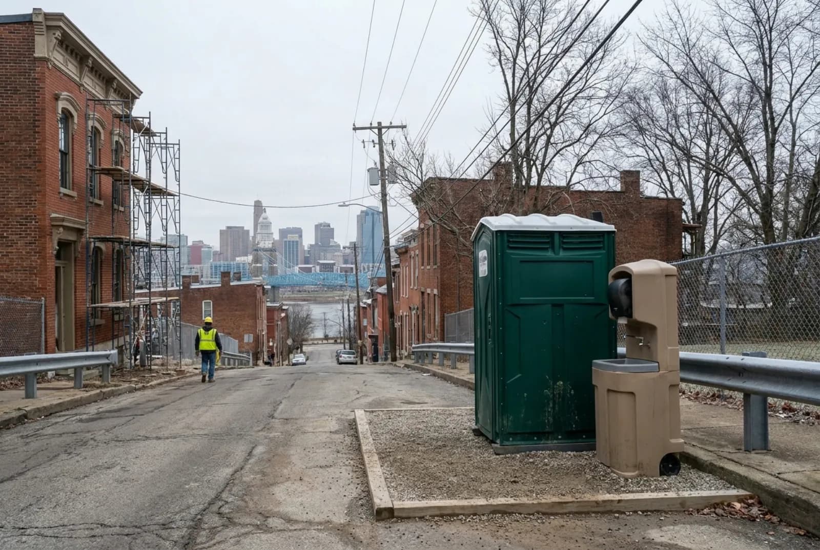 A portable toilet and a hand-wash station on a level gravel pad beside a brick building under rehab on a steep Cincinnati hillside street, with the downtown skyline and the Ohio River below
