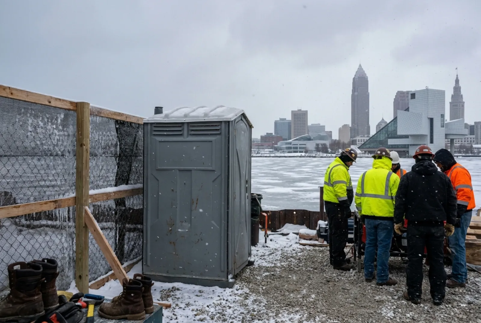 A portable toilet on plowed gravel beside a windbreak at a snowy lakefront construction site, with a frozen lake, a glass pyramid museum, and the downtown skyline behind