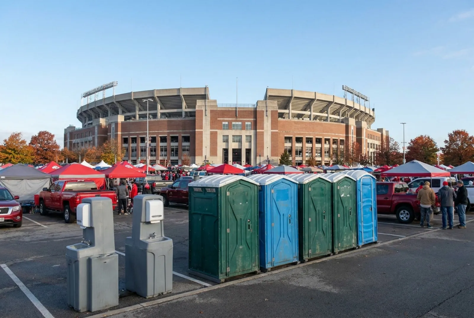 A row of portable toilets and two hand-wash stations along the edge of a tailgate parking lot beside a large horseshoe-shaped stadium, with fall trees and canopy tents