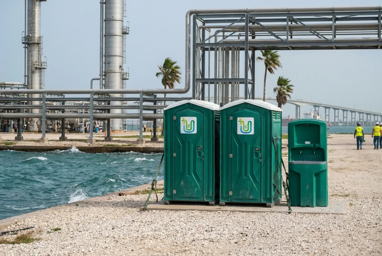 Two portable toilets with anchor straps and a hand-wash station on gravel at an industrial pad beside a windy bay, with pipe racks, a refinery column, and a high bridge on the horizon