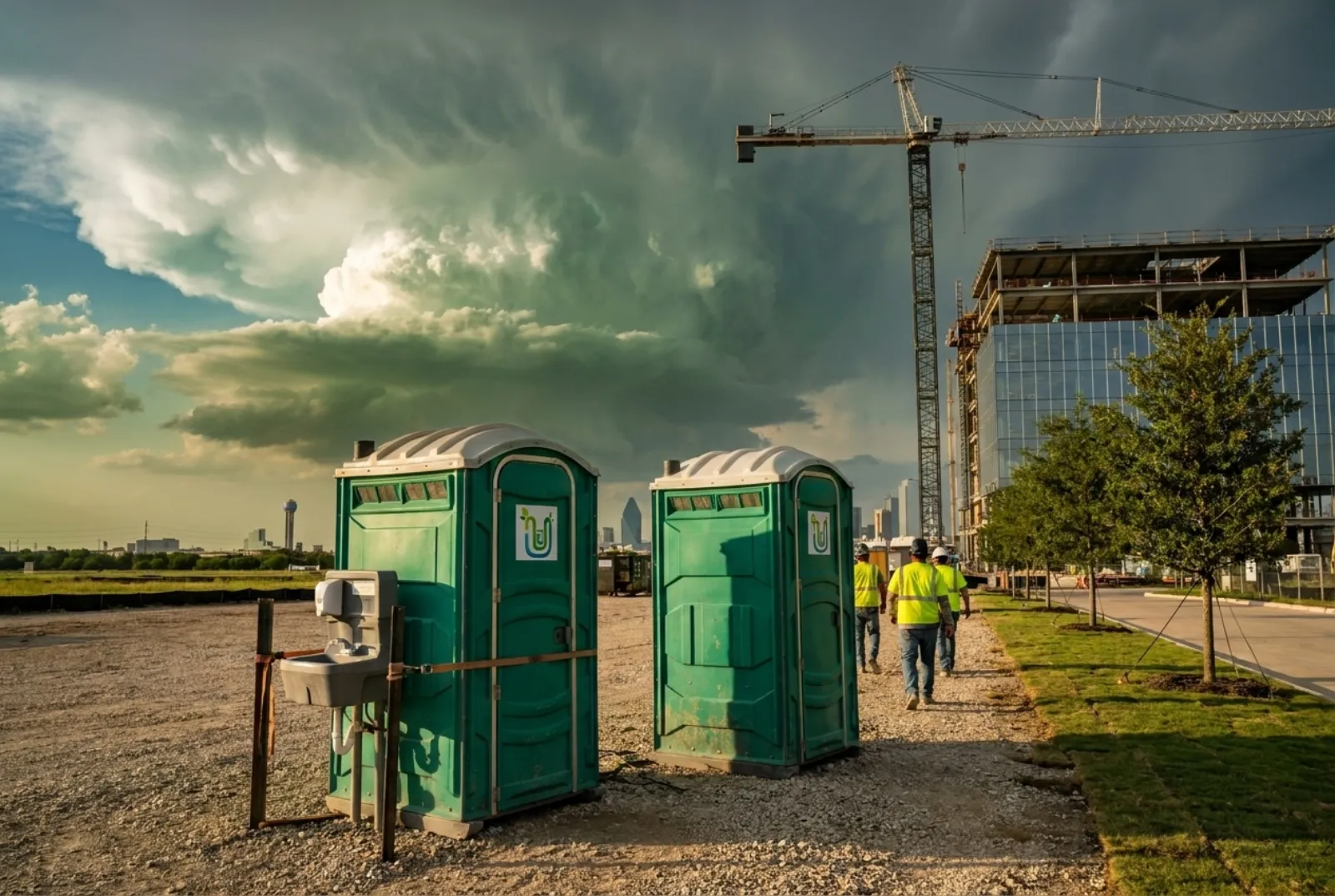 Two portable toilets and a hand-wash station strapped down on a gravel pad at a North Dallas office campus under construction, with a tower crane, the distant Dallas skyline, and a spring thunderstorm building to the west.