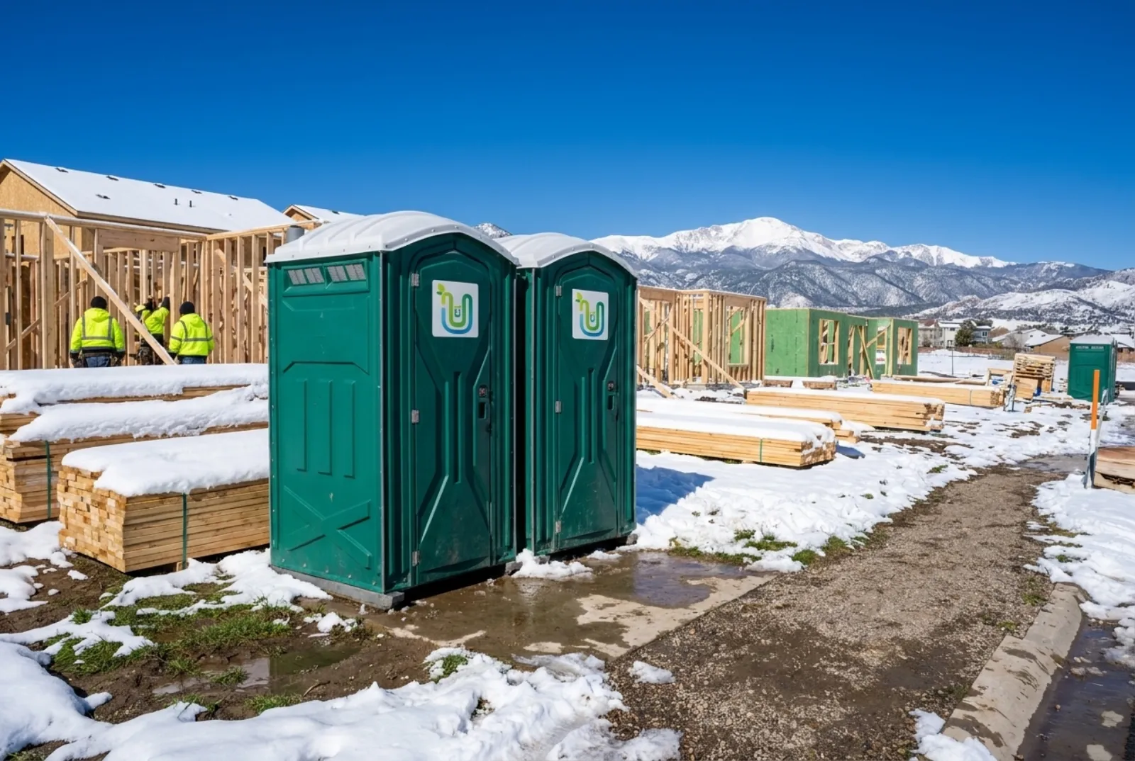 Two portable toilets on level ground beside new townhome framing covered in melting spring snow, with a cleared gravel lane and snow-capped mountains under a deep blue sky