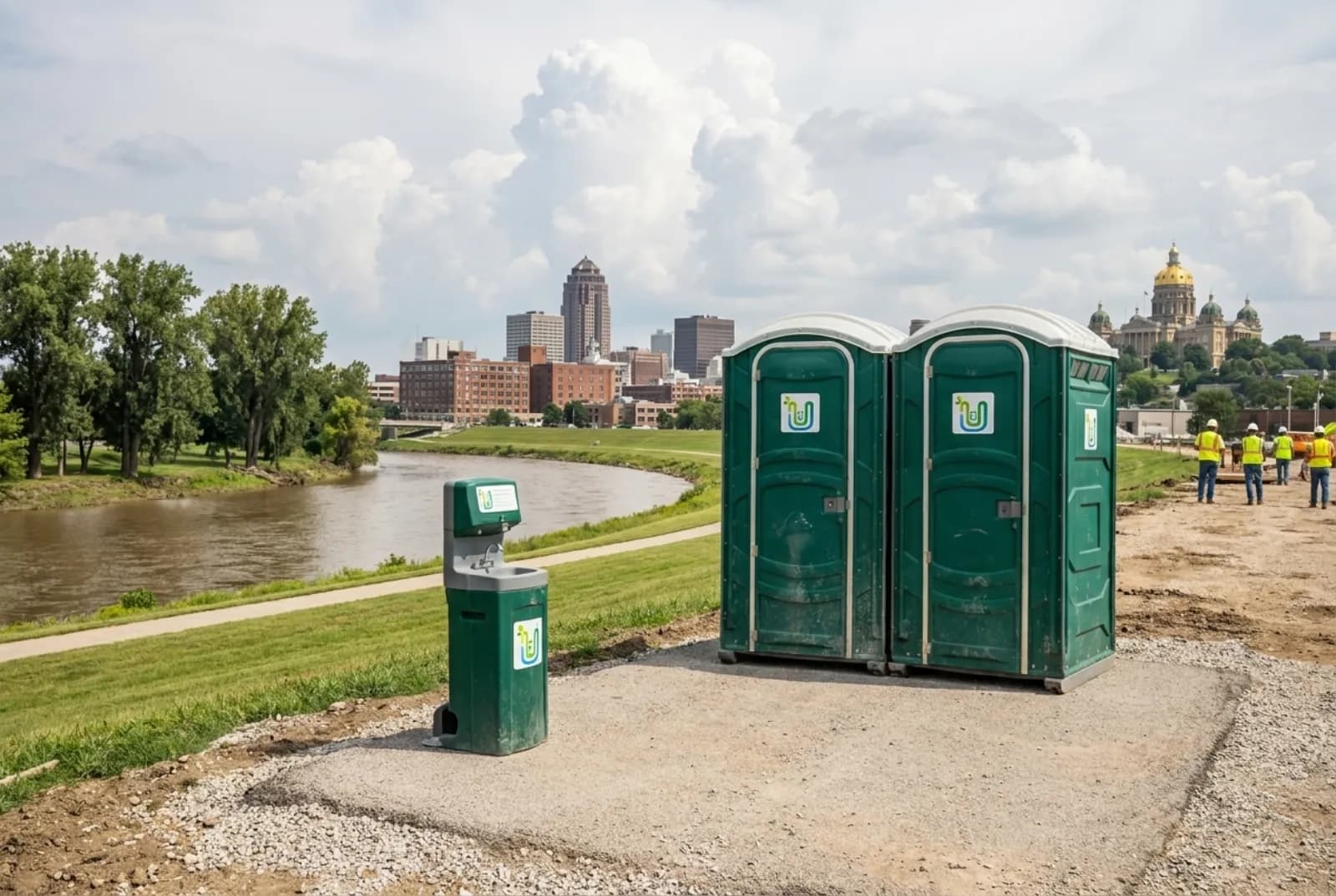 Two portable toilets and a hand-wash station on a gravel pad at the high edge of a riverfront construction site, with a levee, a river, and the Des Moines skyline with a gold-domed capitol behind.