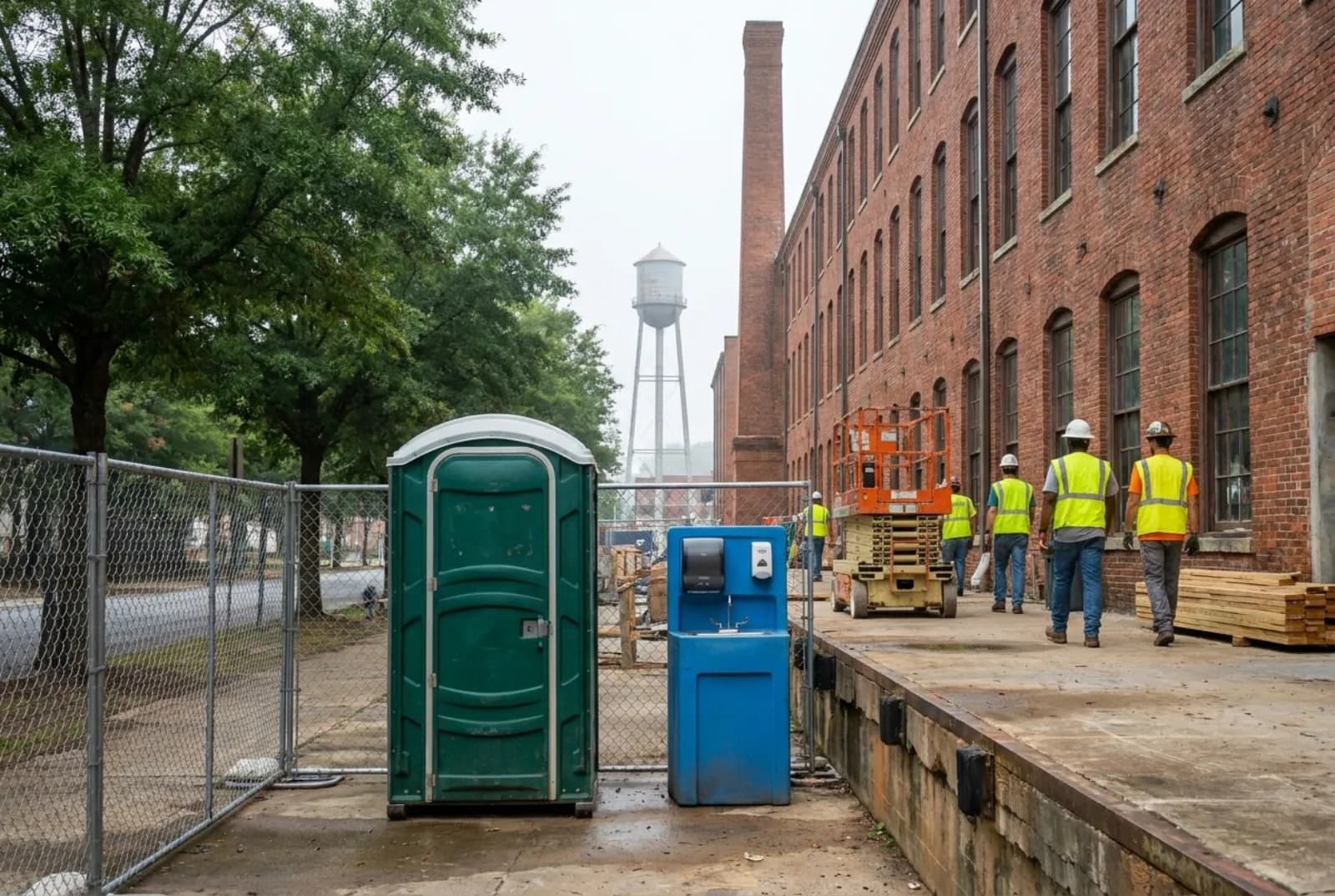 A portable toilet and hand-wash station on a paved area inside the fence of a red-brick warehouse renovation, with a brick smokestack and a water tower behind