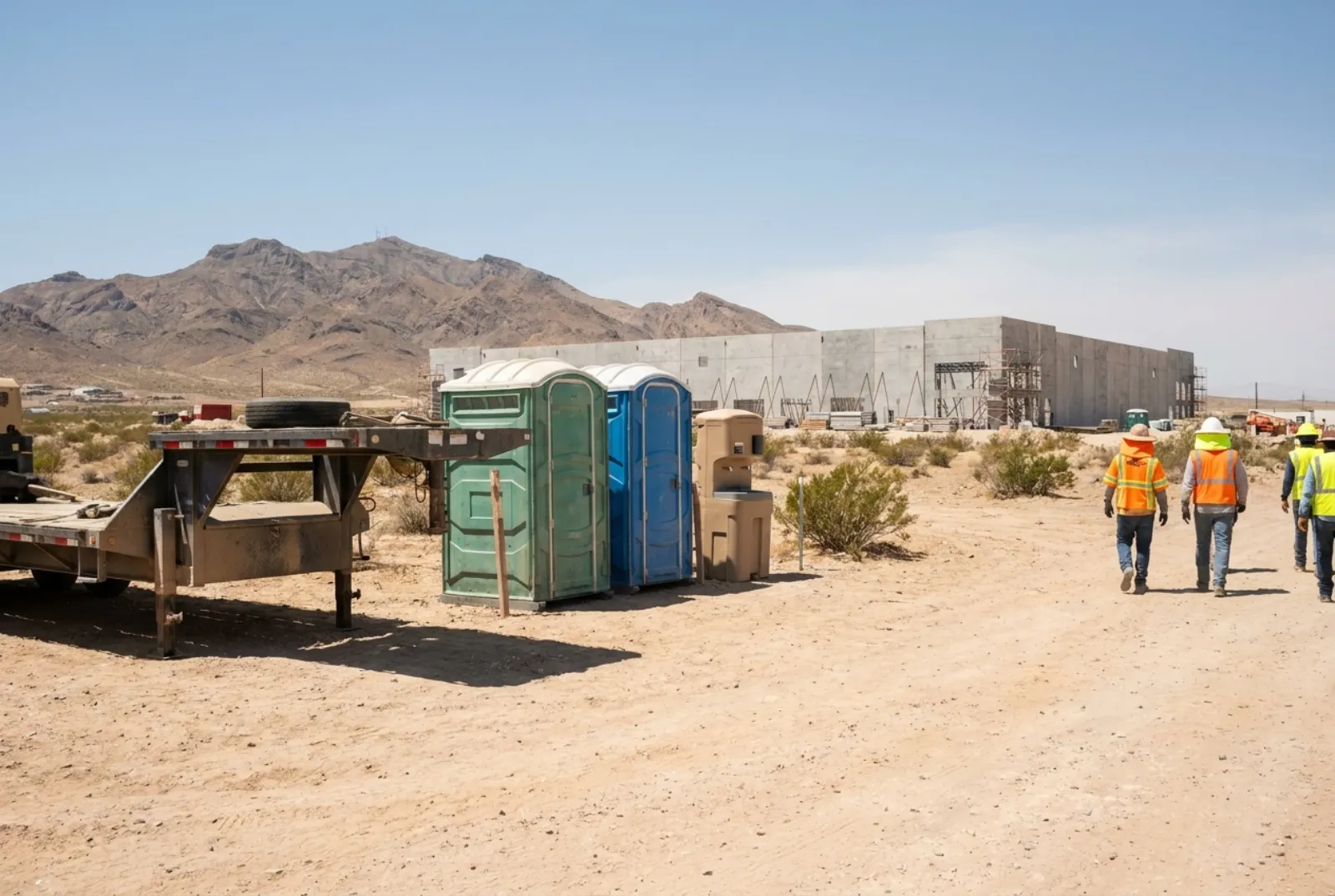 Two portable toilets and a hand-wash station on compacted desert ground beside a warehouse under construction in El Paso, with the Franklin Mountains and creosote scrub under a bright blue sky