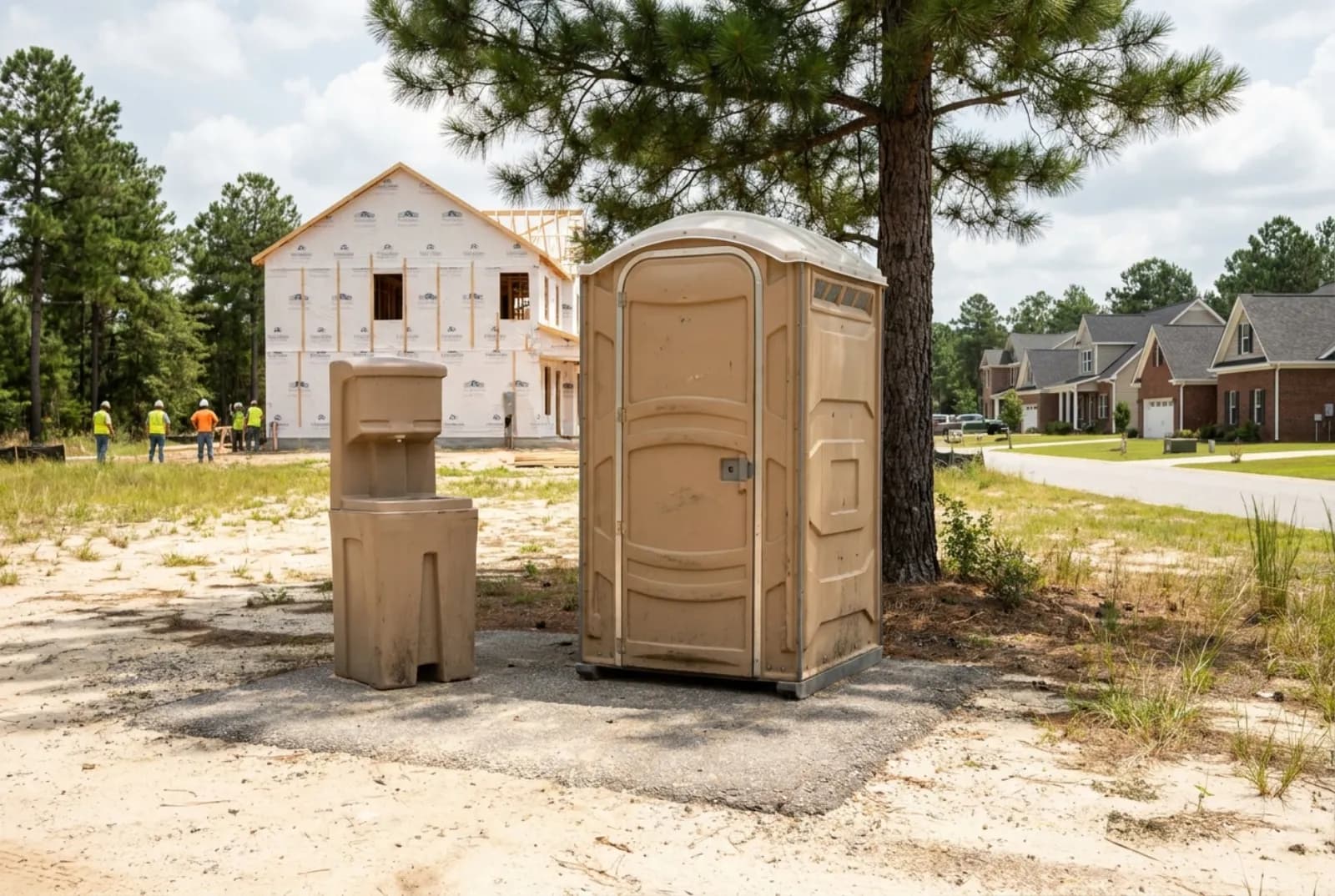 A portable toilet and a hand-wash station on a gravel pad at a new-home construction site with pale sandy soil, a framed house, and tall longleaf pines under a hazy summer sky.