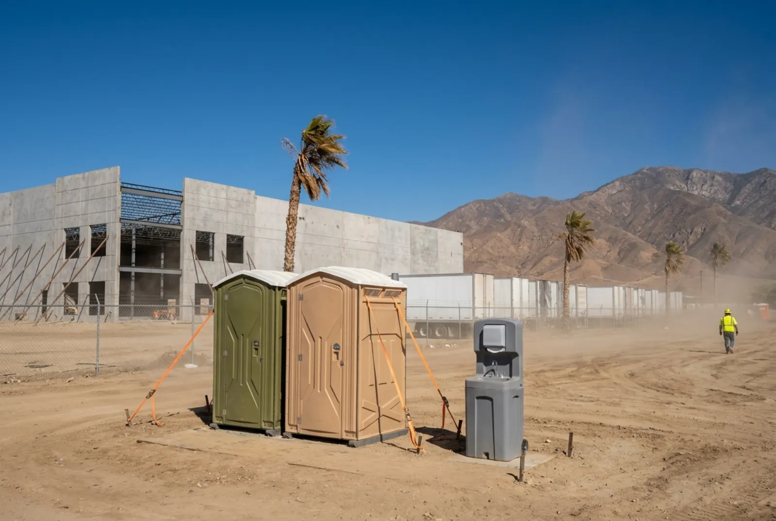 Two portable toilets strapped to stakes and a hand-wash station on a graded dirt pad beside a concrete warehouse under construction, with parked truck trailers, wind-bent palm trees, and brown mountains behind