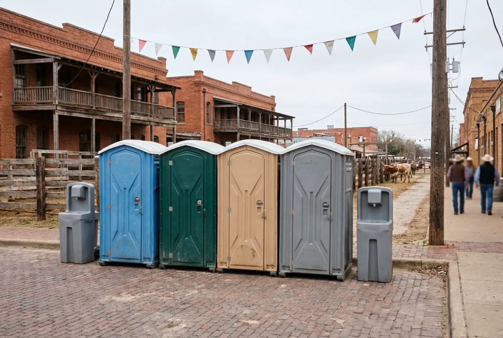 A row of portable toilets and two hand-wash stations on a brick-paved side lot among red-brick historic buildings and wooden cattle pens in the Fort Worth Stockyards, with longhorn steers far down the street.