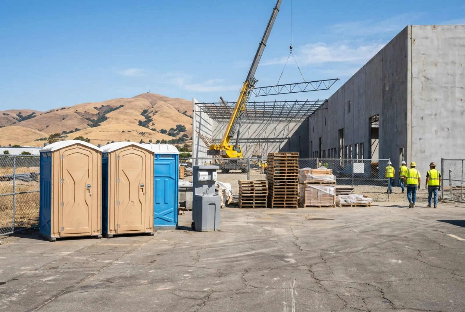 Three portable toilets and a hand-wash station on paved staging beside a large concrete industrial building under construction, with a crane, a fence, and dry brown hills behind
