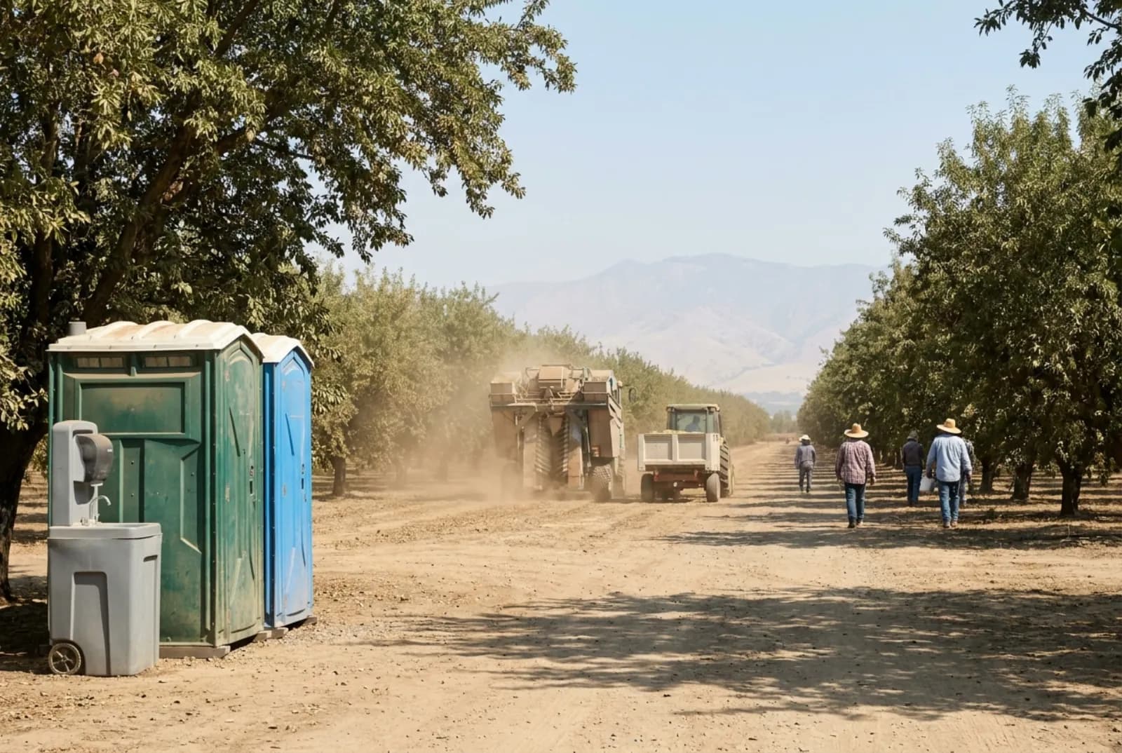 Two portable toilets and a hand-wash station on a dirt farm road beside an almond orchard near Fresno at harvest, with a tractor, dust haze, and faint Sierra foothills in the distance