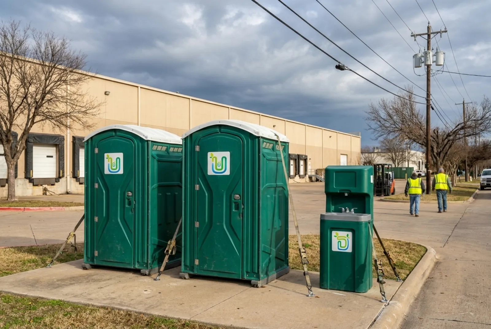 Two portable toilets and a hand-wash station strapped to ground anchors on concrete near the crew entrance of a Garland manufacturing plant, clear of the loading docks and a pole-mounted transformer.