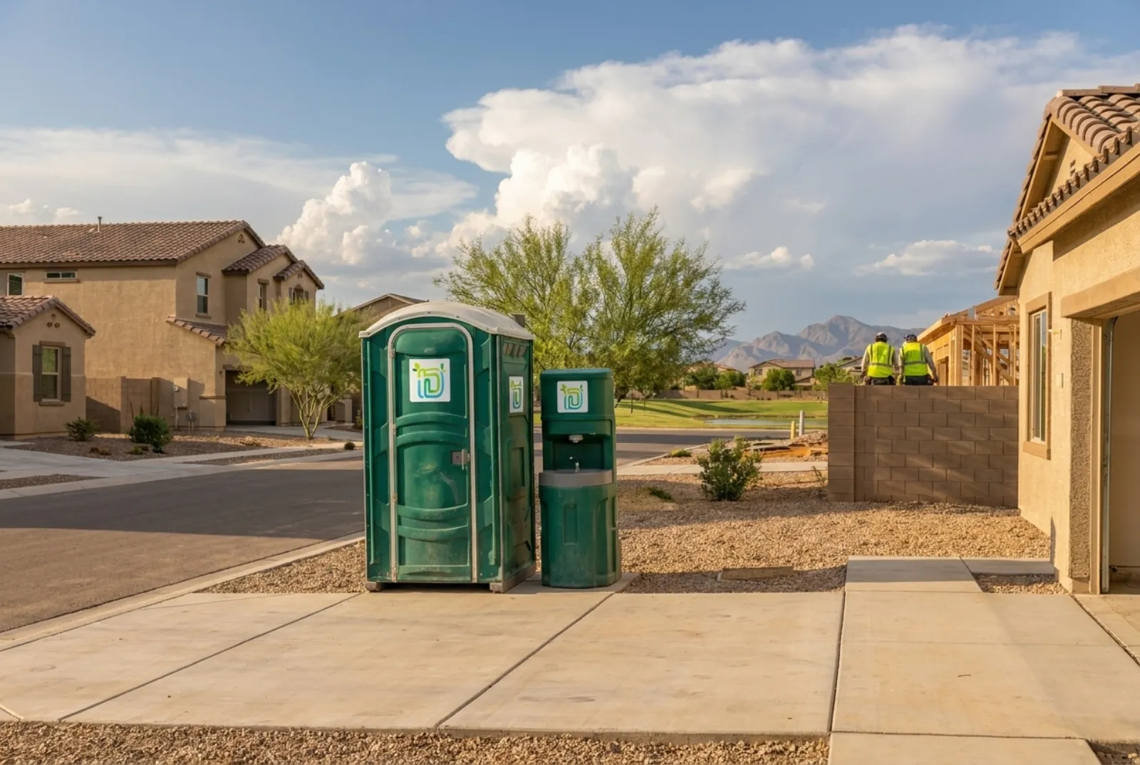 Portable toilet and hand-wash station on a driveway pad beside a new home in a Gilbert master-planned neighborhood, with a retention basin across the street and the San Tan Mountains behind.