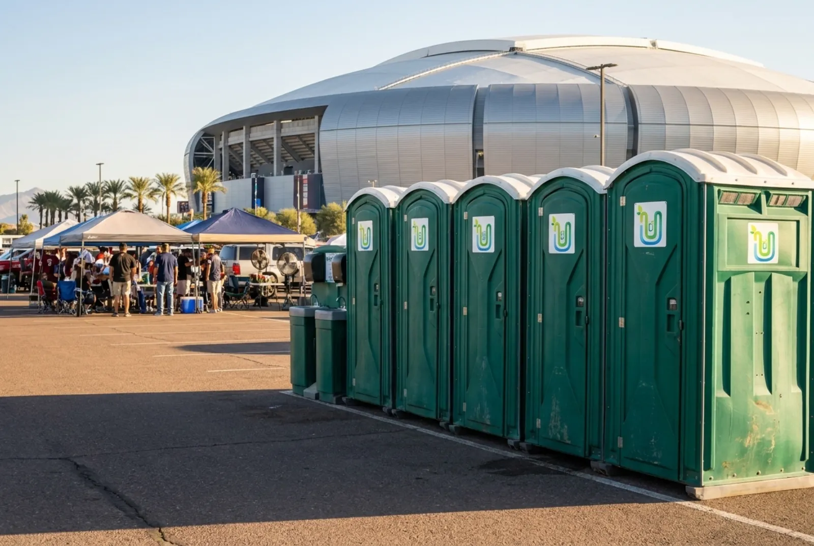 A bank of portable toilets and hand-wash stations along a tailgate lot outside State Farm Stadium in Glendale, Arizona.