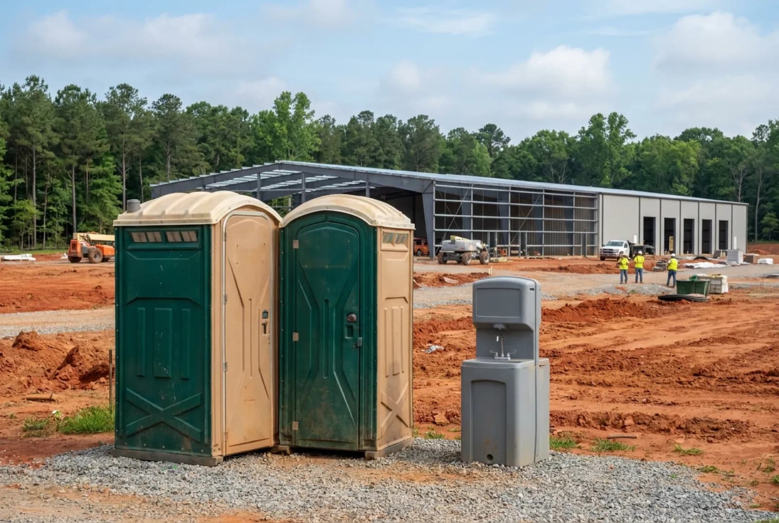 Two portable toilets and a hand-wash station on level gravel beside steel hangar framing and a long warehouse under construction, with red clay soil and a line of pines behind