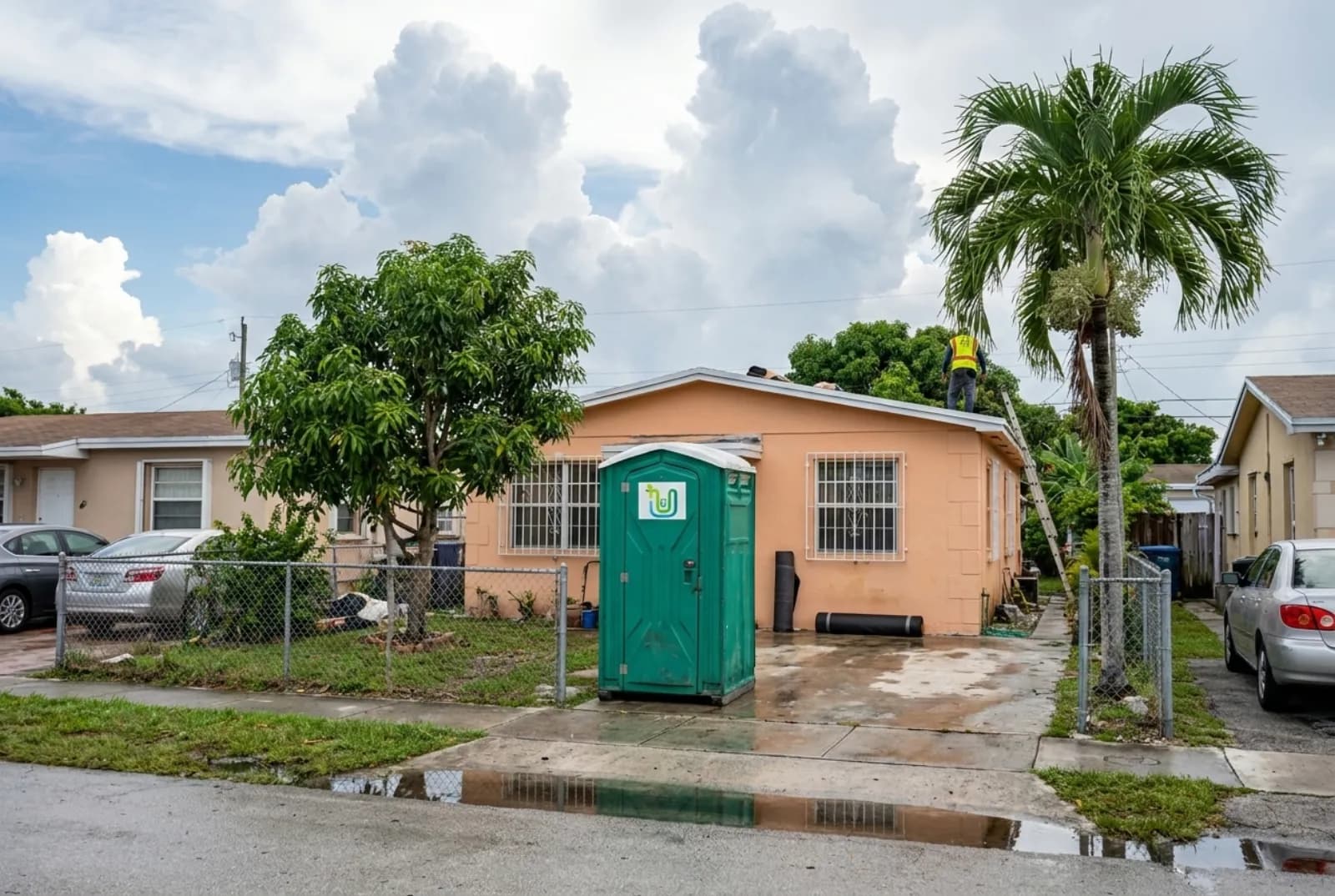 A portable toilet on the concrete driveway of a one-story block home under renovation on a narrow residential street with a chain-link fence, palms, and parked cars.