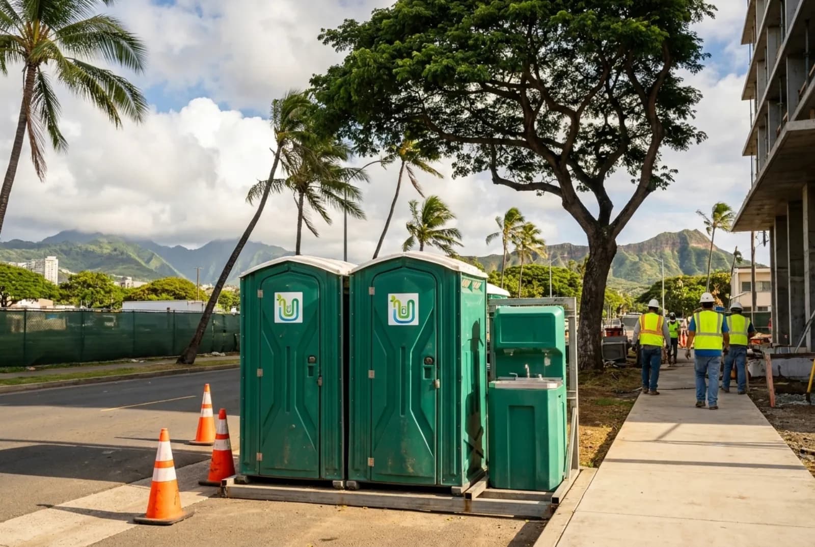 Two portable toilets and a hand-wash station strapped at the curb of a condo tower under construction in Kakaako, Honolulu, with palm trees, traffic cones, the green Koolau ridges, and Diamond Head behind.