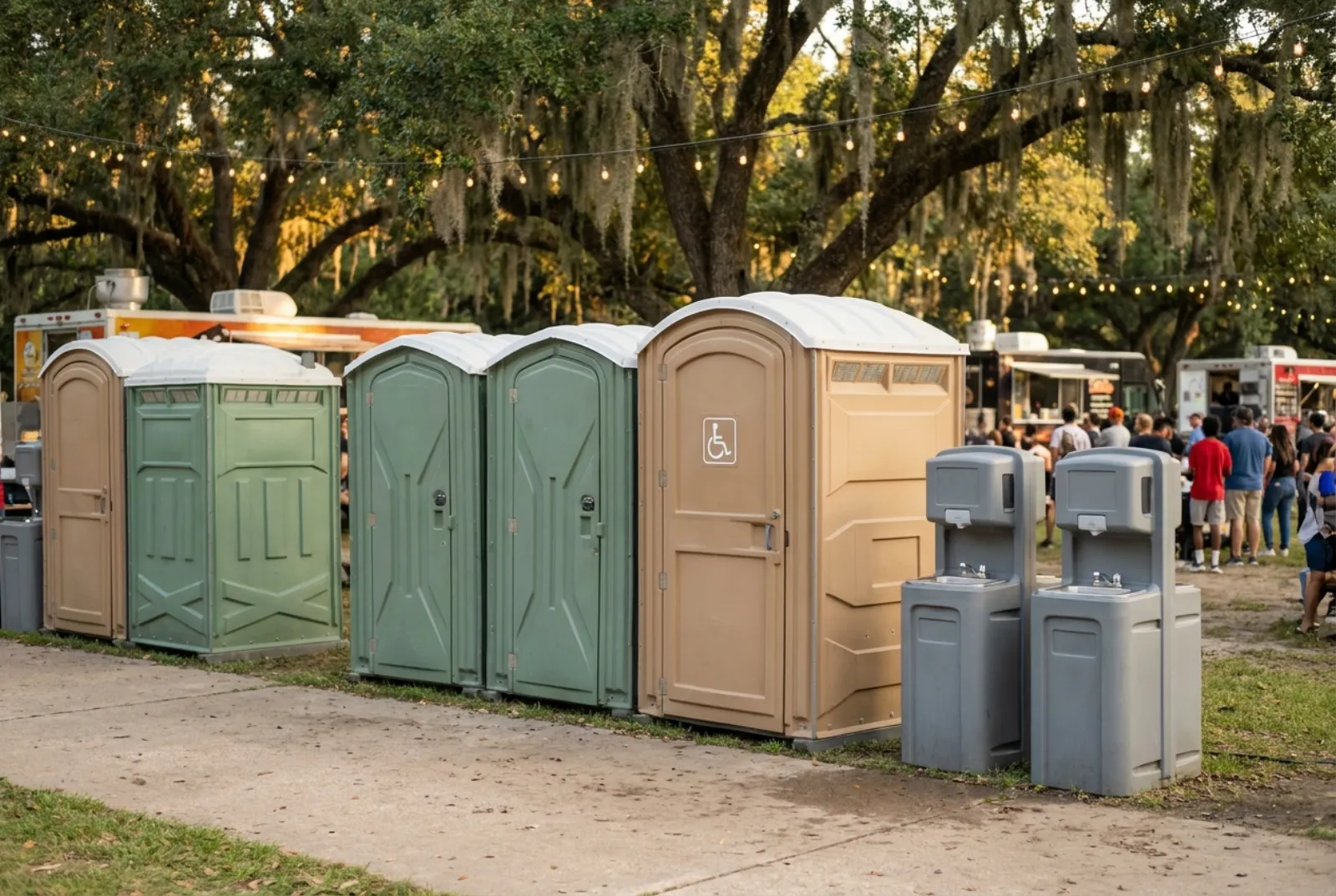 A row of portable toilets including a wheelchair-accessible unit and two hand-wash stations on a paved path at an outdoor festival under live oaks