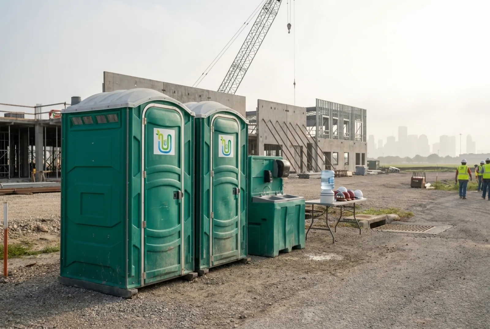 Two green portable toilets and a hand-wash station on level gravel at a Houston construction site, set back from a storm drain, with the downtown skyline in the haze