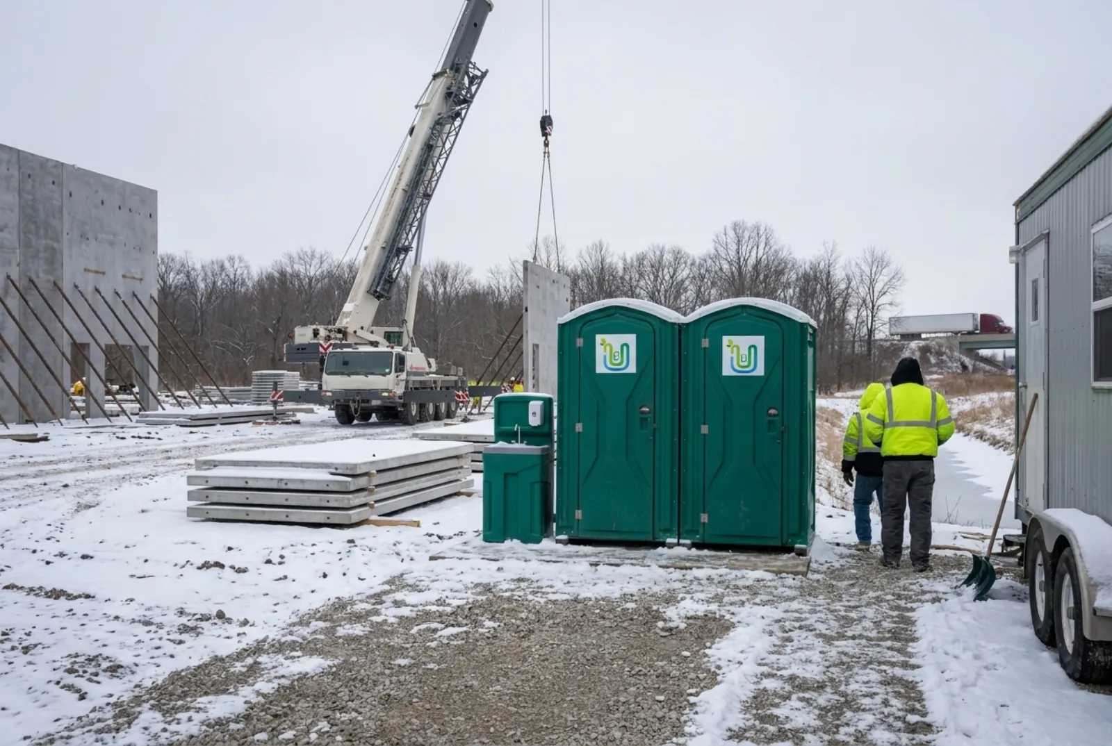 Two portable toilets and a hand-wash station on a plowed gravel pad beside a large tilt-wall warehouse under construction on flat, snowy central Indiana farmland, with a crane lifting a concrete panel.