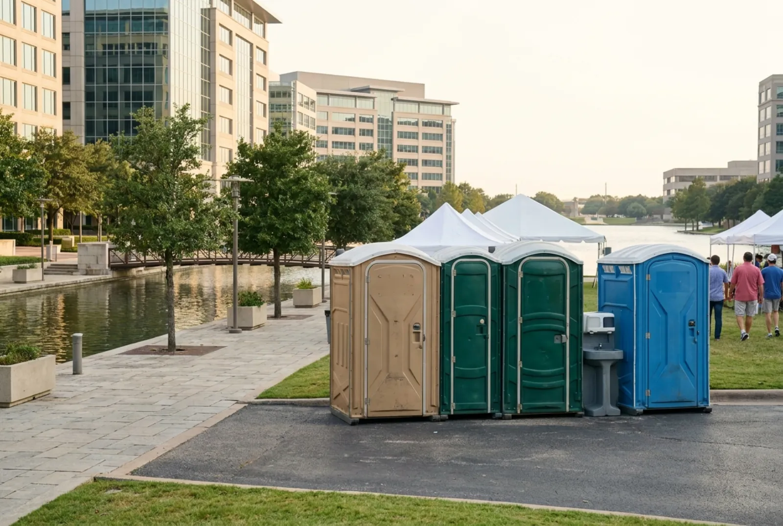 A row of portable toilets and hand-wash stations on paved high ground beside a canal in the Las Colinas Urban Center, with glass office towers behind.