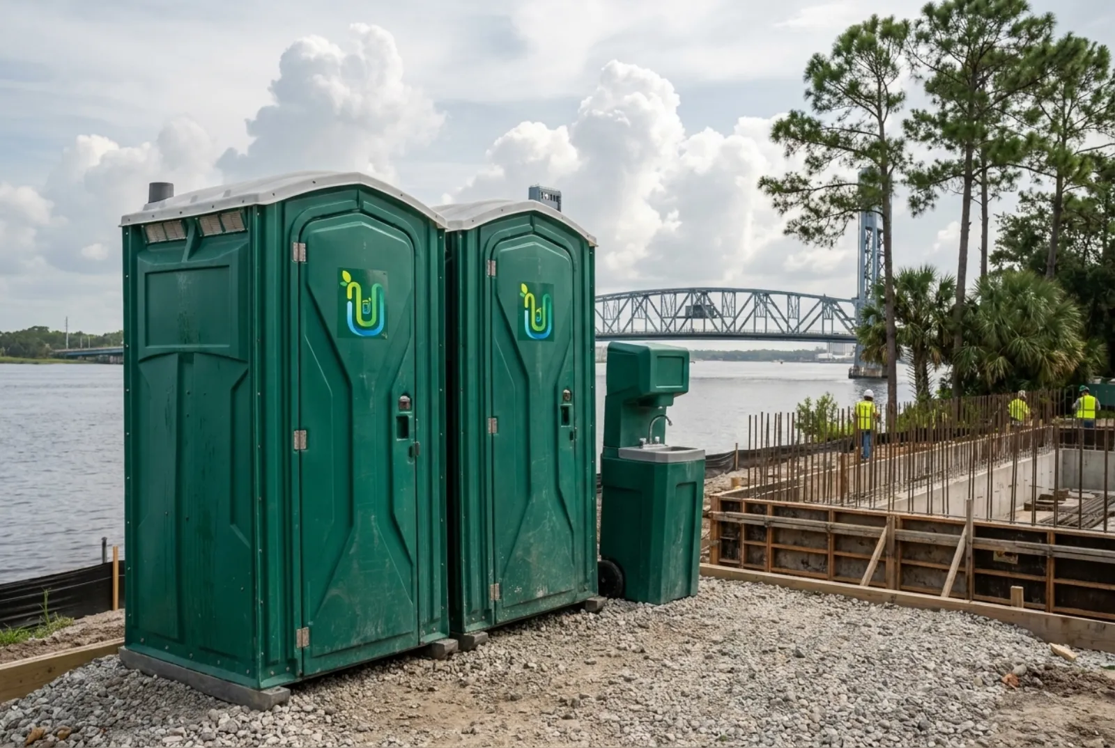 Two portable toilets and a hand-wash station on raised gravel at a construction site beside a wide river and a steel truss bridge, with pines, palmettos, and a hazy summer sky