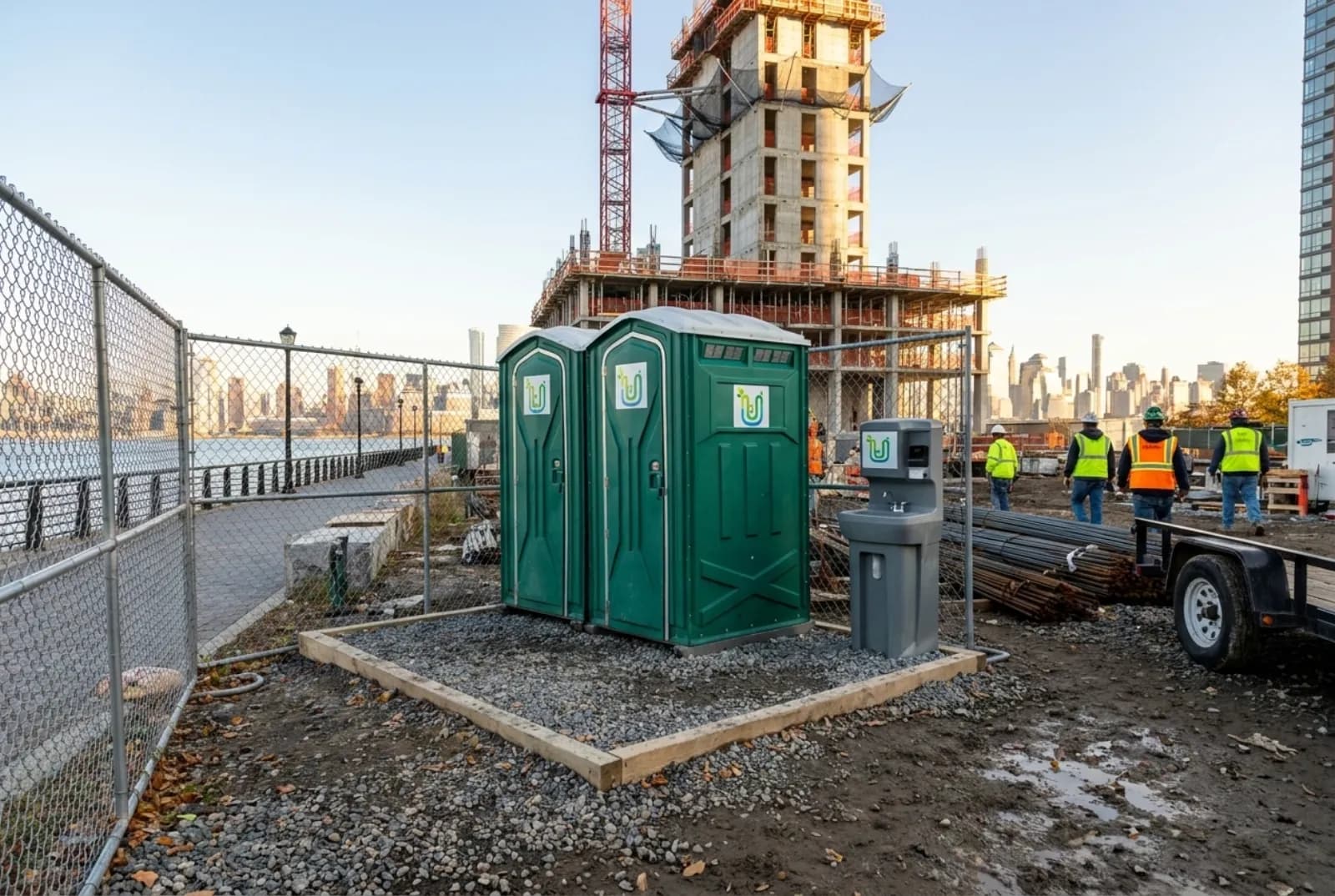 Two portable toilets and a hand-wash station inside the fence of a high-rise construction site on the Jersey City waterfront, with Manhattan across the Hudson.