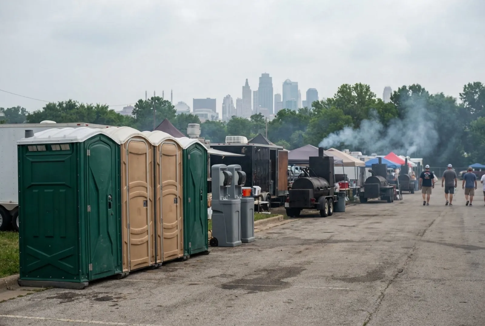 A row of portable toilets and hand-wash stations at the edge of a barbecue competition lot, with smoker trailers, drifting smoke, and a city skyline in the distance